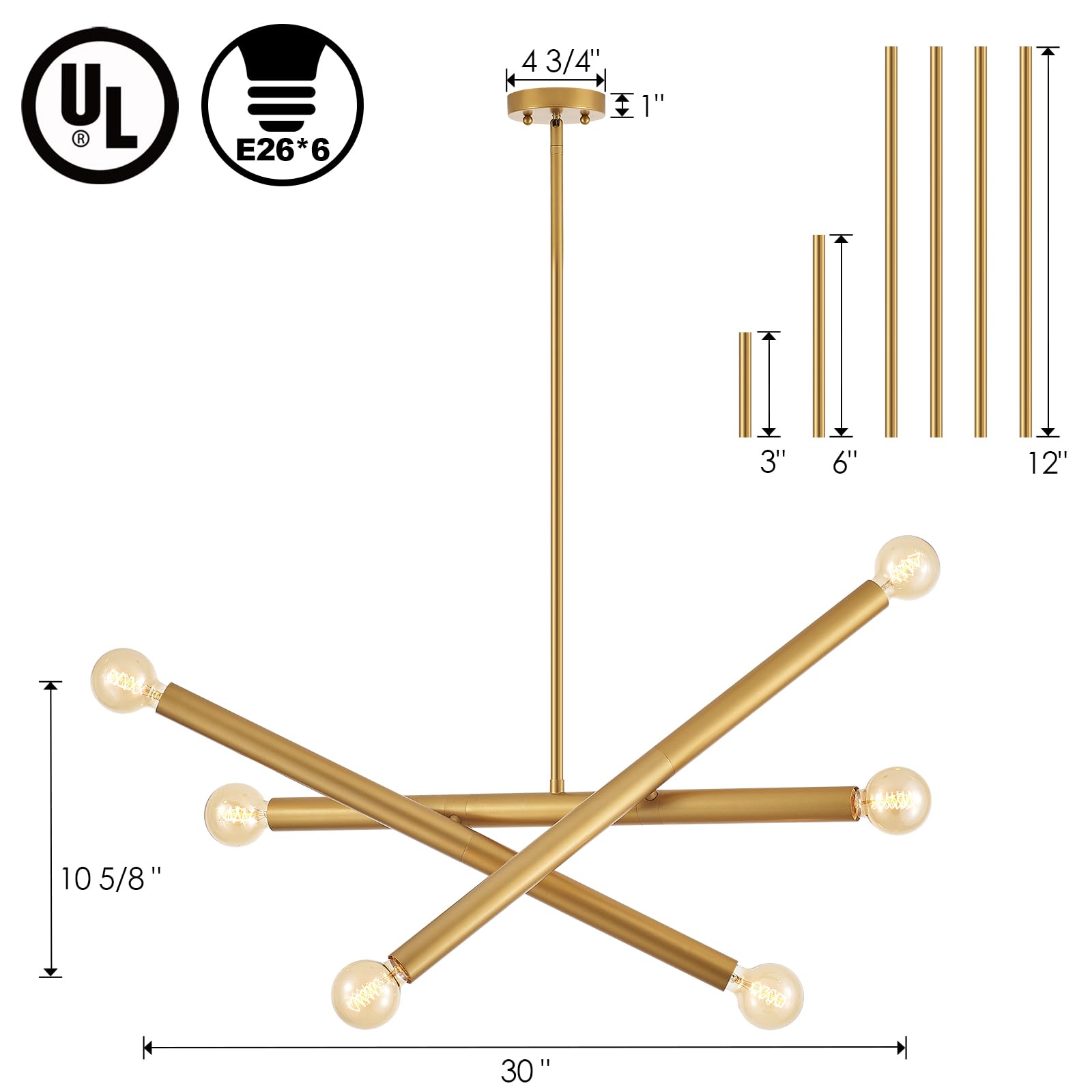 Vanzarla Modern Dining Room Chandelier, Gold Sputnik Chandeliers Bedroom, Vintage Pendant Light Kitchen, 6-Light Adjustable Hang