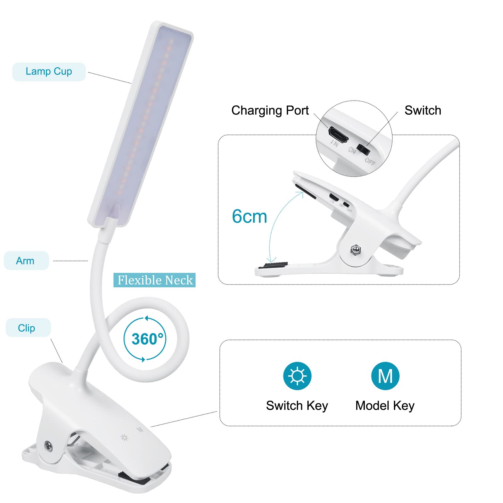 Deaunbr Led Reading Light With Clip, Usb Rechargeable, 24 Leds, Flexible Neck, White, Model Ws0030-00