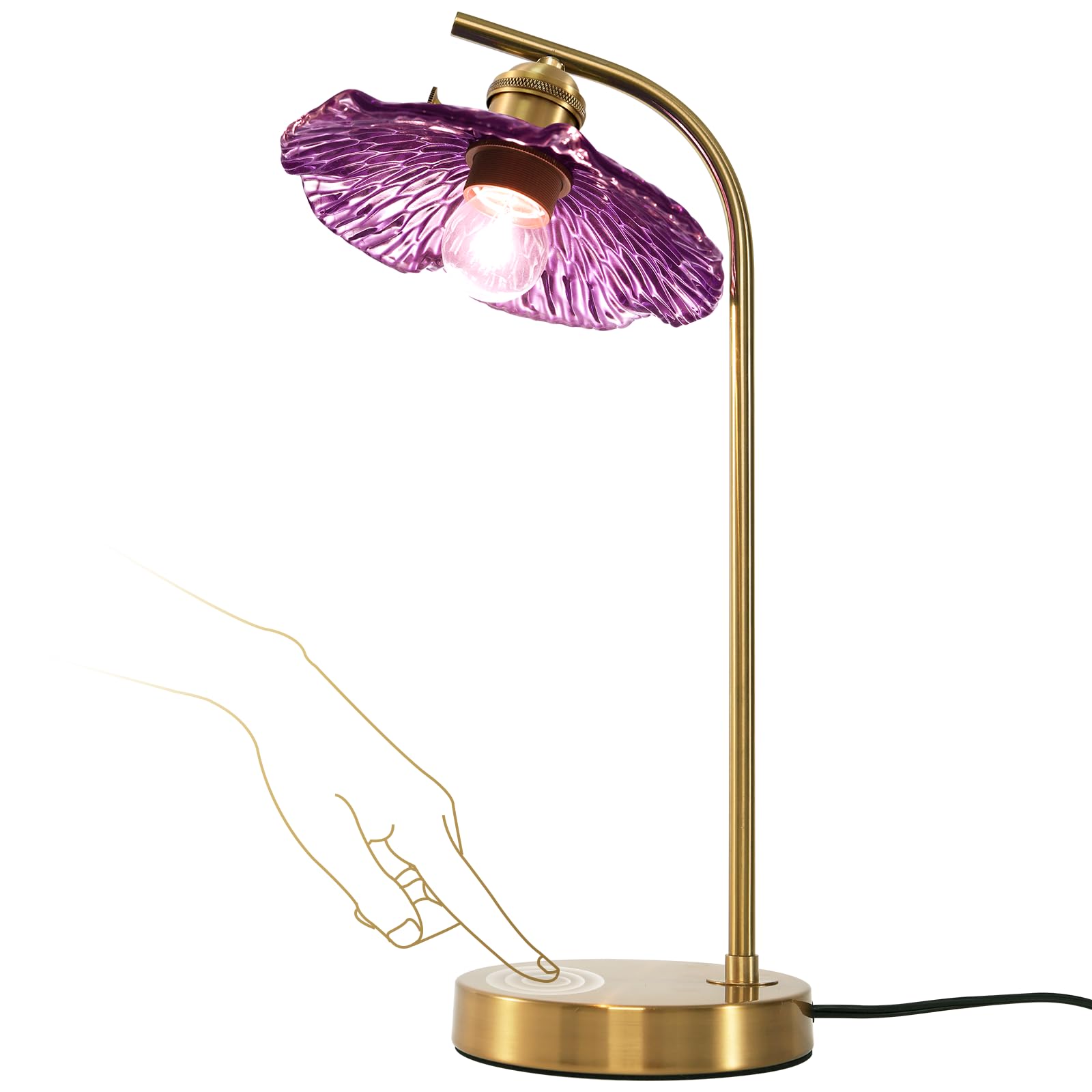 Soutas Mid Century Modern Table Lamp Gold Table Lamps Side Table Lamp with Glass Flower Shade Vintage Nightstand Lamp Purple Des