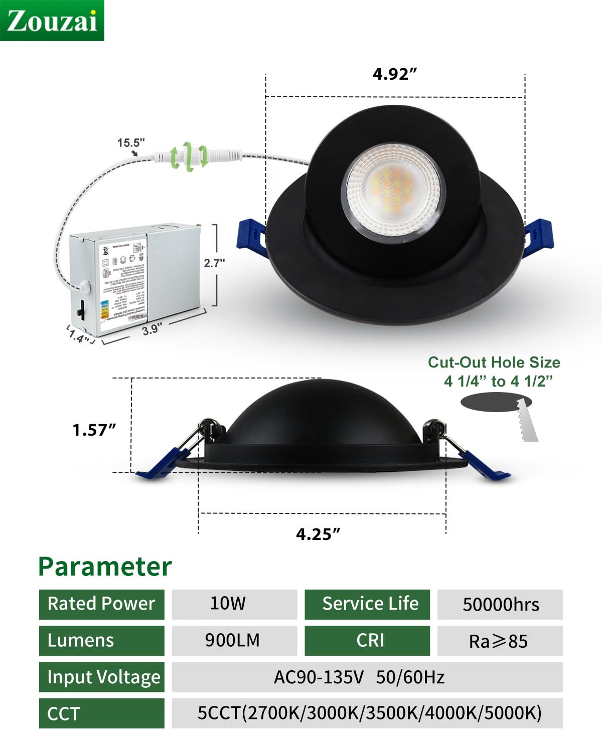 zouzai 6 Pack 4 Inch Black LED Gimbal Recessed Lights, 5CCT Dimmable, Adjustable 360°+90°, ETL & Energy Star