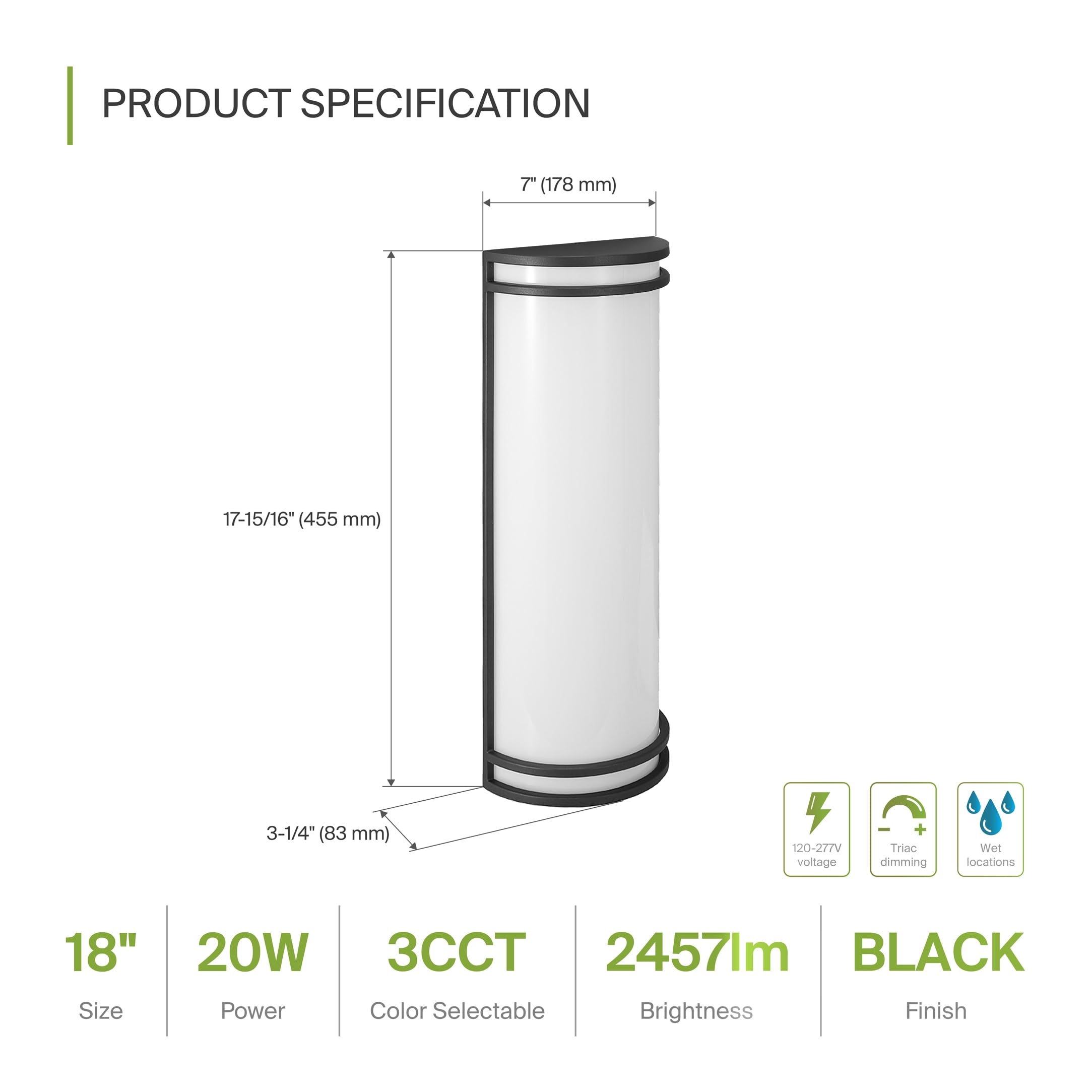 Asd 18 Inch Led Outdoor Wall Mount Light Fixture - Matte Black Modern Wall Sconce Lighting - 20W 120-277V 3000K 4000K 5000K Adju