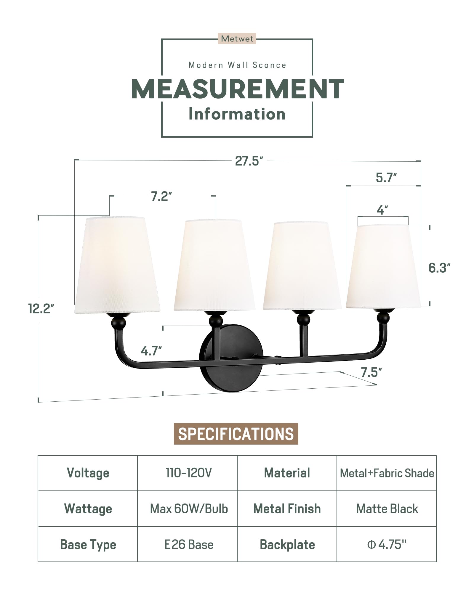 Metwet Bathroom Light Fixtures, 4 Light Matte Black Vanity Lights With Flared White Fabric Shade, 28 Inch Wall Sconce, Modern Sc