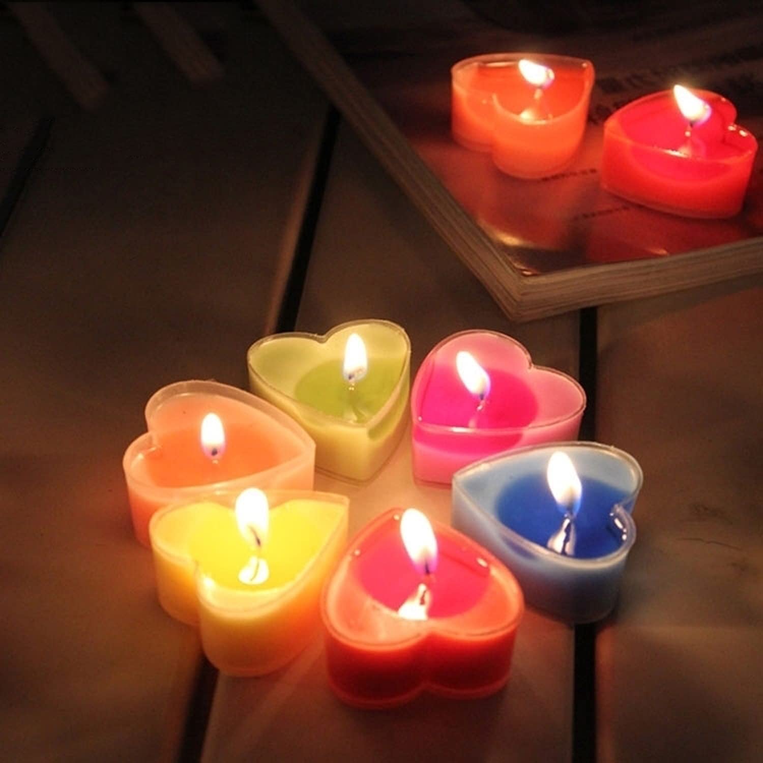 Heart-Shaped Tealight Candles,12PCS Multicolor Love Romantic Unscented Candle with 100PCS Silk Rose Petals,Mini Candle Discs for