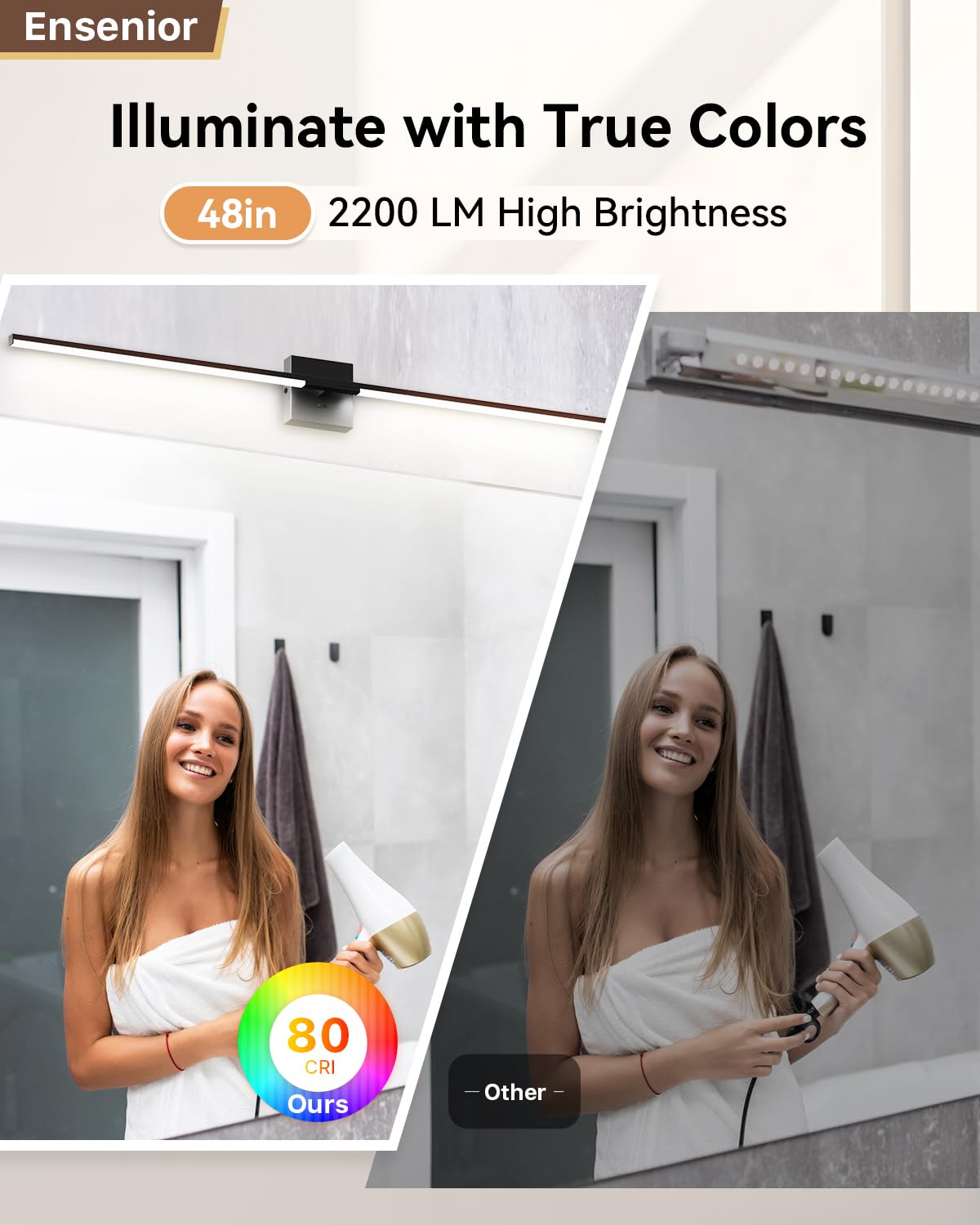 Ensenior Modern Bathroom Vanity Light 48 Inch, Built-In Dimmer, 28W Dimmable 5Cct Led Bathroom Light Fixture Over Mirror, Black