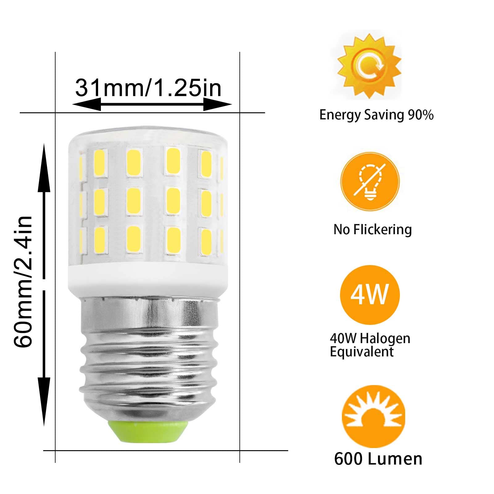 Trijzhou 3.5W Led Refrigerator Light Bulb E26 Daylight White 6000K 600Lm, Pack