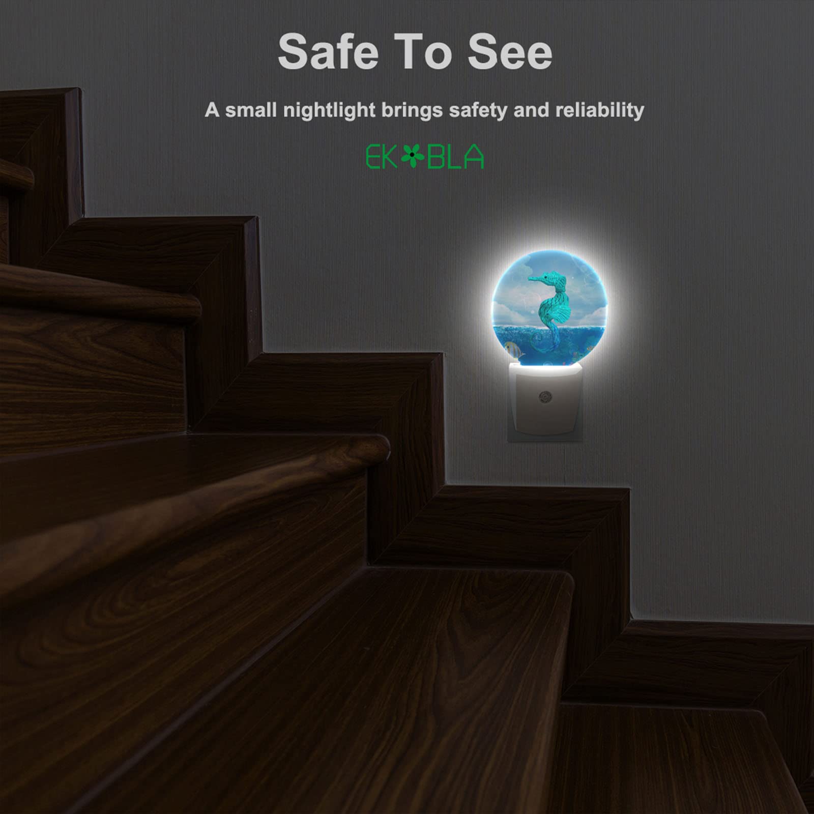Ekobla Seahorse Led Night Light Watercolor Ocean Animal Marine Wildlife Fish Seahorses Blue Dusk To Dawn Night Lamp Auto Sensor