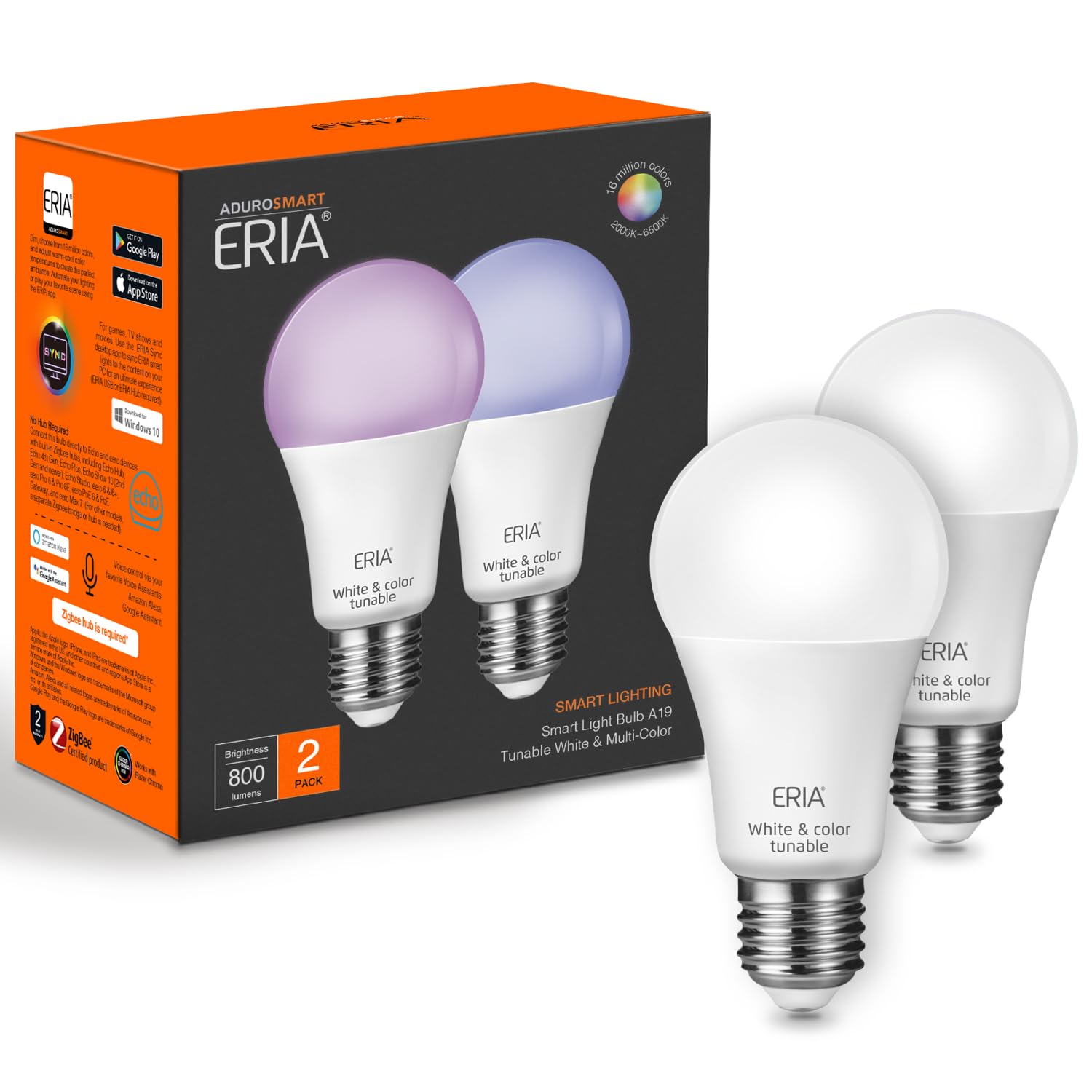 Eria Zigbee Colors And White A19 Smart Bulb, Hub Required, Compatible With Eria, Hue*, Amazon Echo (4Th Gen), Echo Show, Echo Hu