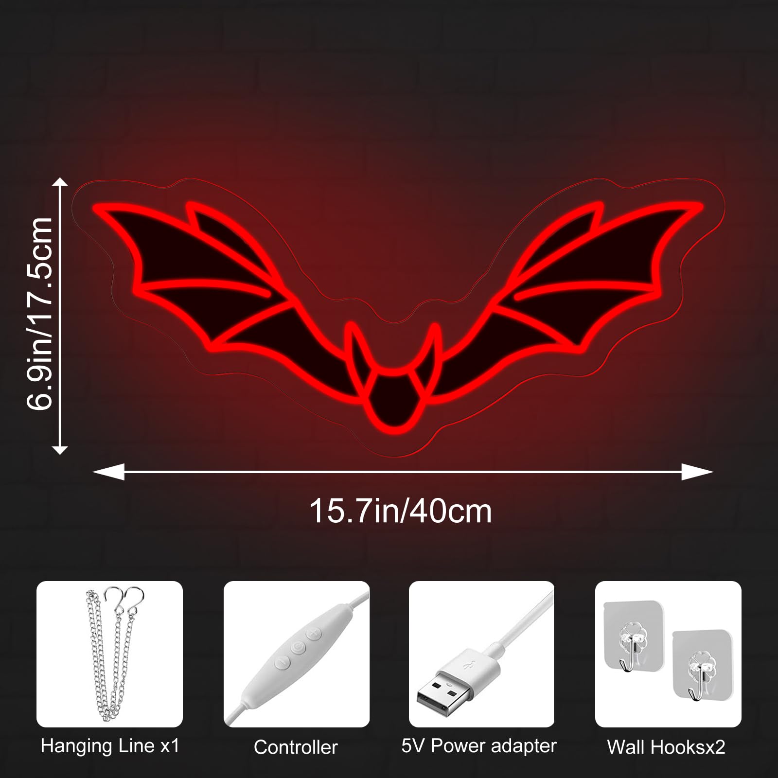 DMDMBSR Bat Neon Sign, Acrylic Halloween Decor, 15.7inx6.9in, Red Bat