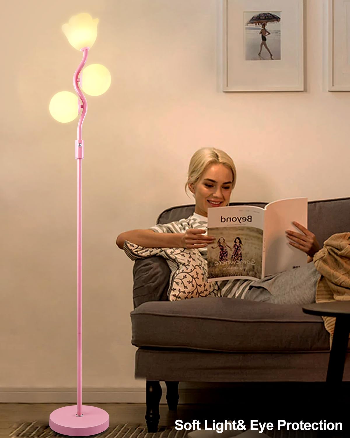 Lightdot 65In Dimmable Pink Floor Lamp For Living Room, Mid Century Modern Tall Standing Lamps With 1 Flower & 2Globe Lampshades
