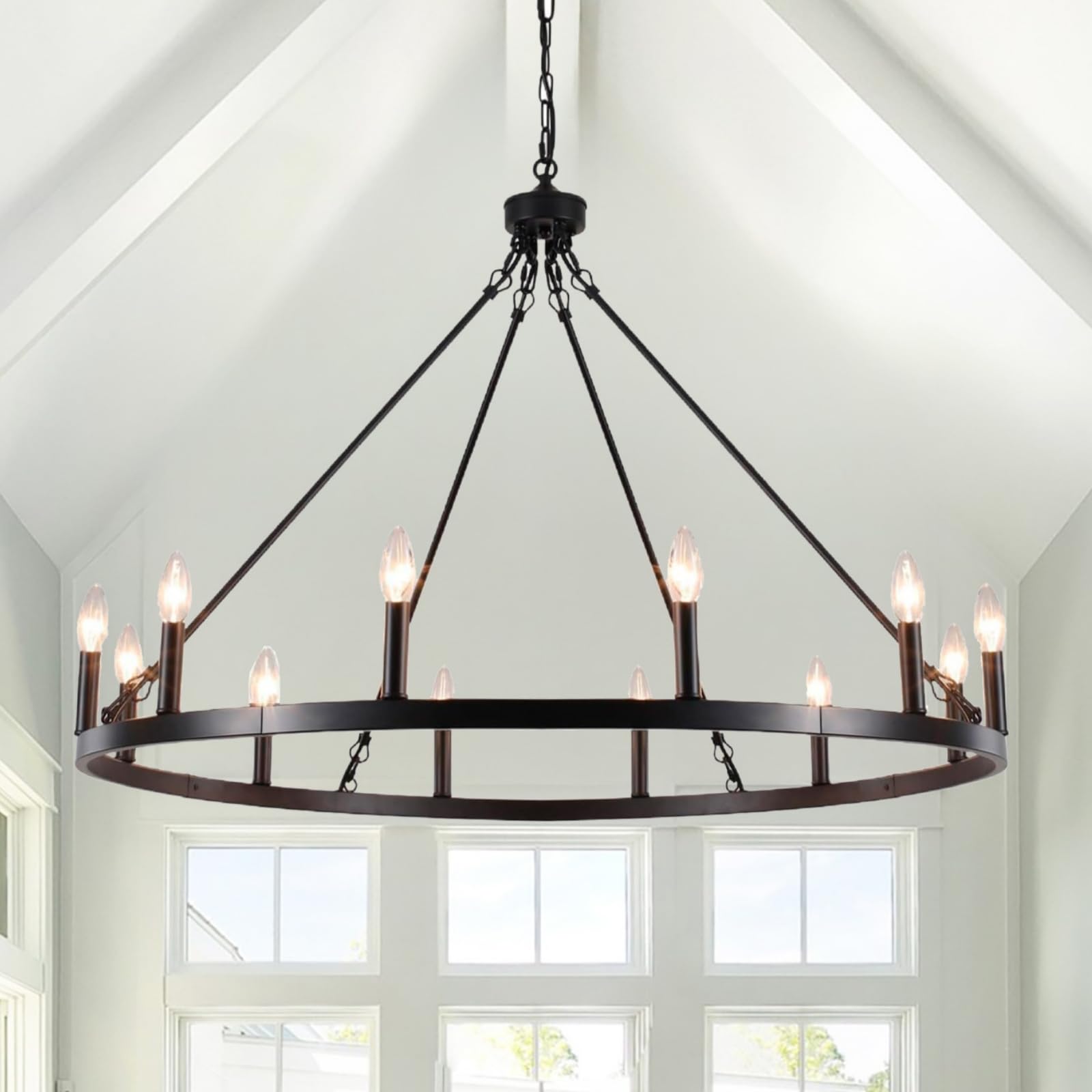 Sjccdsgs Black Large Wagon Wheel Chandelier 38 Inch, 12 Lights Farmhouse Chandelier, Industrial Rustic Candle Pendant Light Fixt
