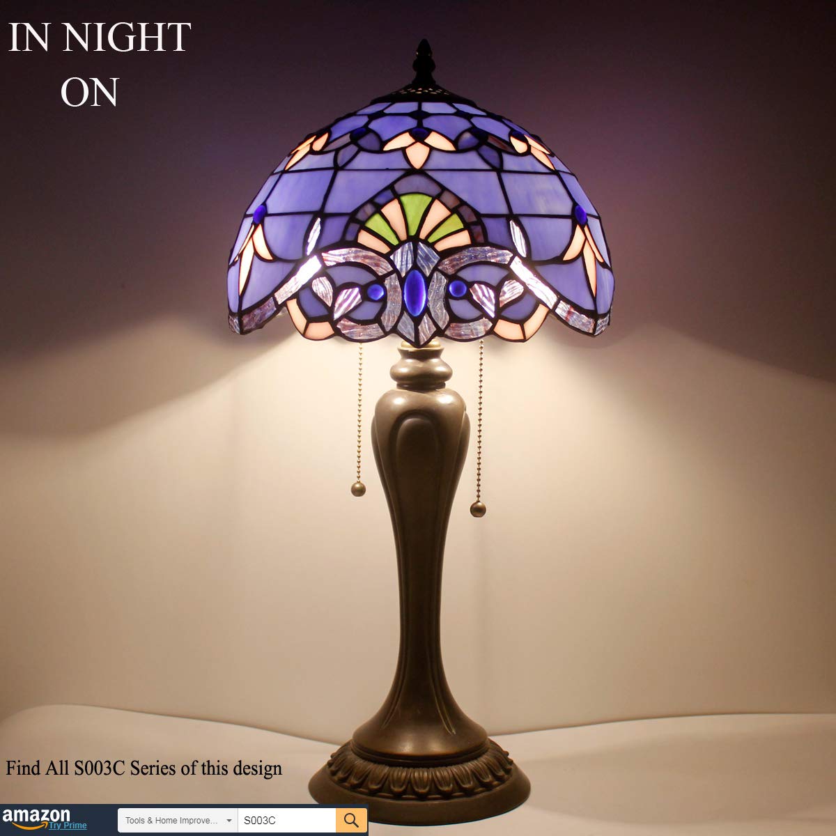WERFACTORY Tiffany Lamp Stained Glass Table Lamp 12X12X22 Inches Blue Purple Baroque S003C Series for Bedroom Living Room Office