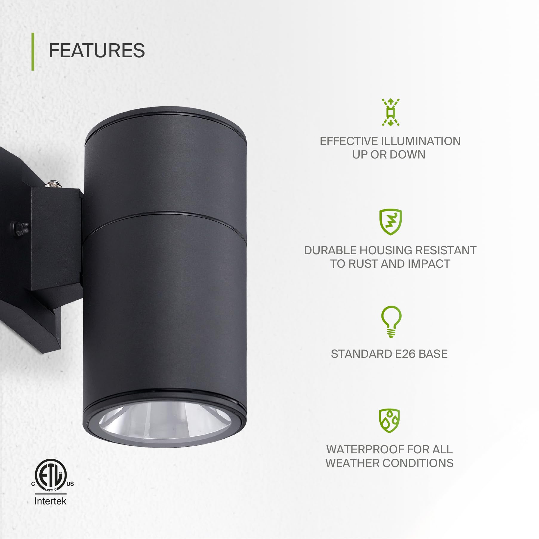 Asd 1-Way Round Cylinder Wall Light Fixture, Photocell, 60W E26, Waterproof, Black, Model A-Oclr-1Apc-Bk