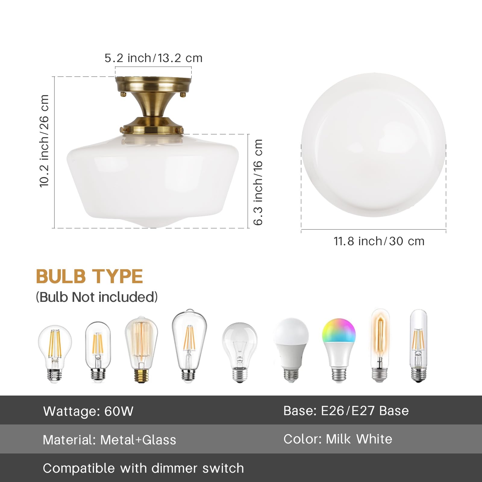 Clarsyne Gold Semi Flush Mount Ceiling Light Fixture, 12'' Wide Opal Milk Glass Shade, Vintage Schoolhouse Style Lighting For Ki