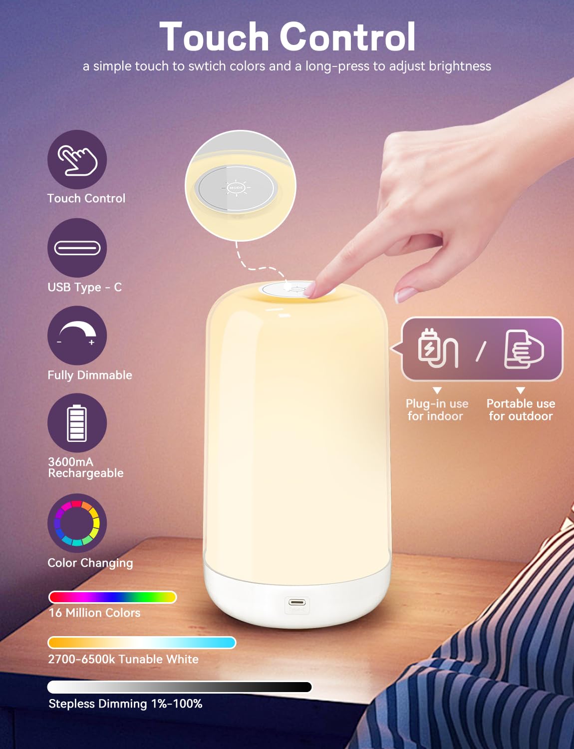 Smart Touch Bedside Table Lamp [Multi-Color & Warm Lights], 3600Ma Cordless Small Table Lamp Rechargeable, 7 Colors & Fully Dimmable Led Night Lights For Bedroom Nightstand Nursery Living Room