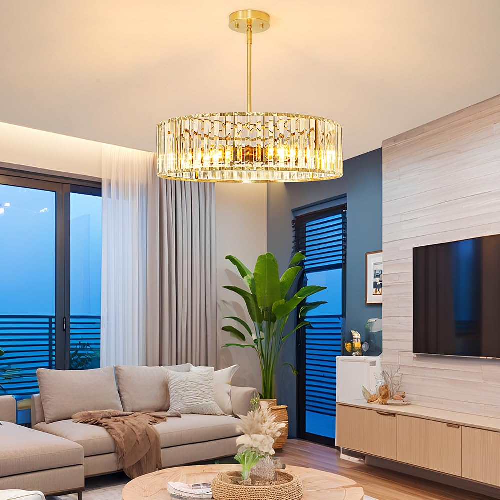Gold Crystal Chandelier For Dining Room  6-Light Modern Semi Flush Mount Ceiling Lighting Fixtures  Round Kitchen Fixtures Ceiling  Hanging Drum Pendant Lights For Living Room Bedroom Foyer  19In  E26