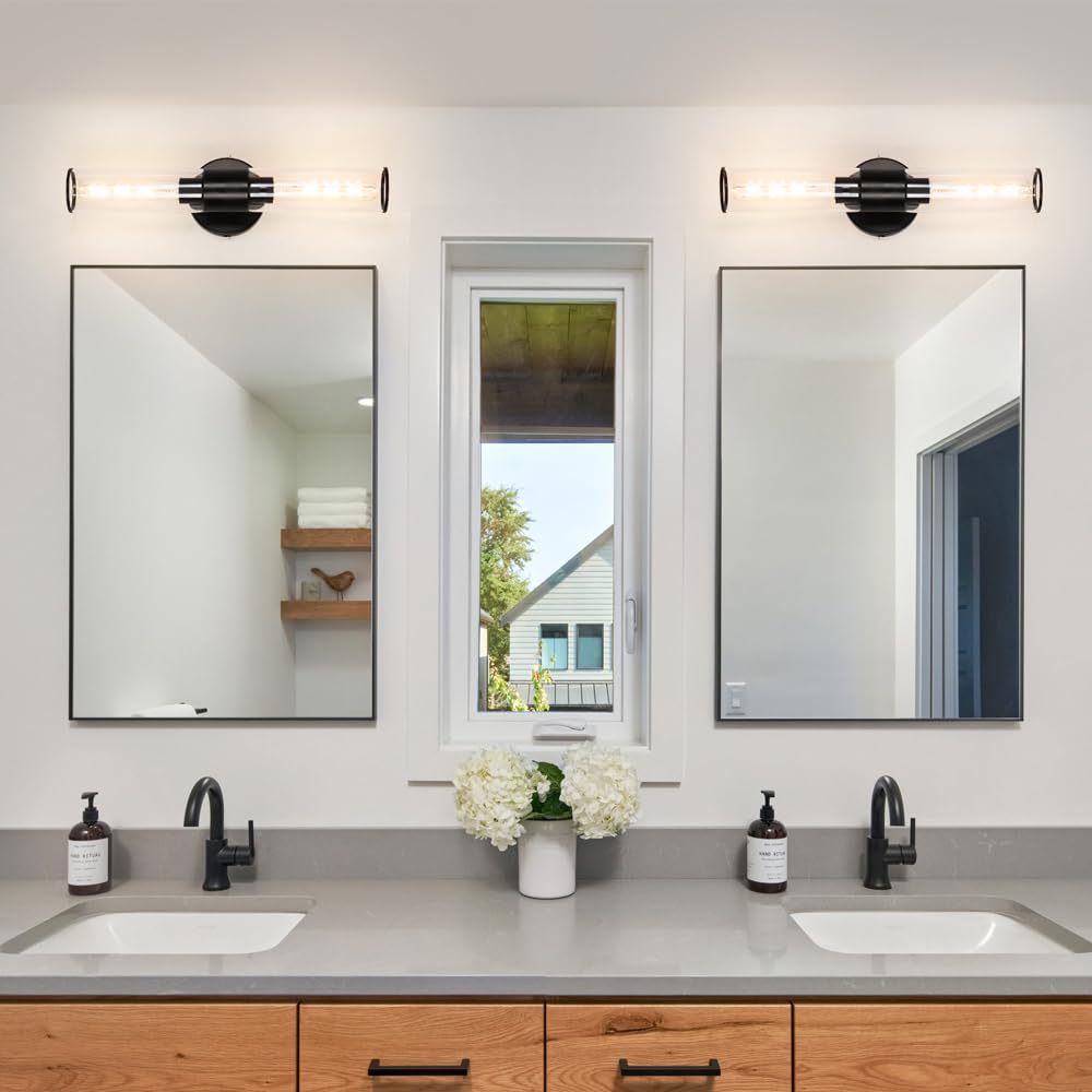 Matte Black Bathroom Sconces Wall Lighting, 2 Light Hardwired Bathroom Vanity Light, Modern Wall Sconce Set Of Two, Wall Mounted