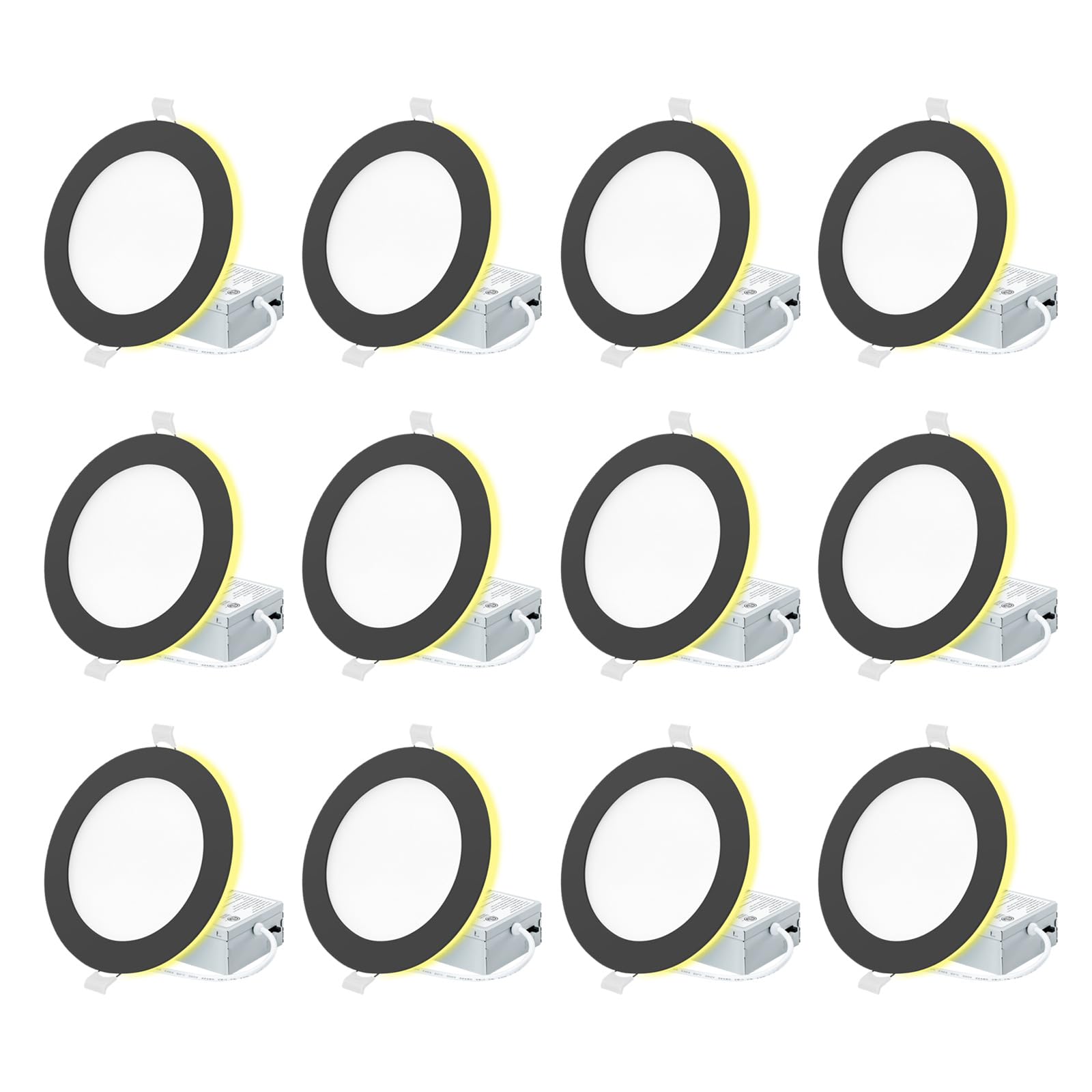 Eosmile 12 Pack  Black Recessed Lighting With 4 Inch Night Light Canless Ultra Thin Wafer Downlight Pot Indoor Exterior Soffit 2700K-5000K Selectable  9W  120V  750Lm  Dimmable  Etl Fcc