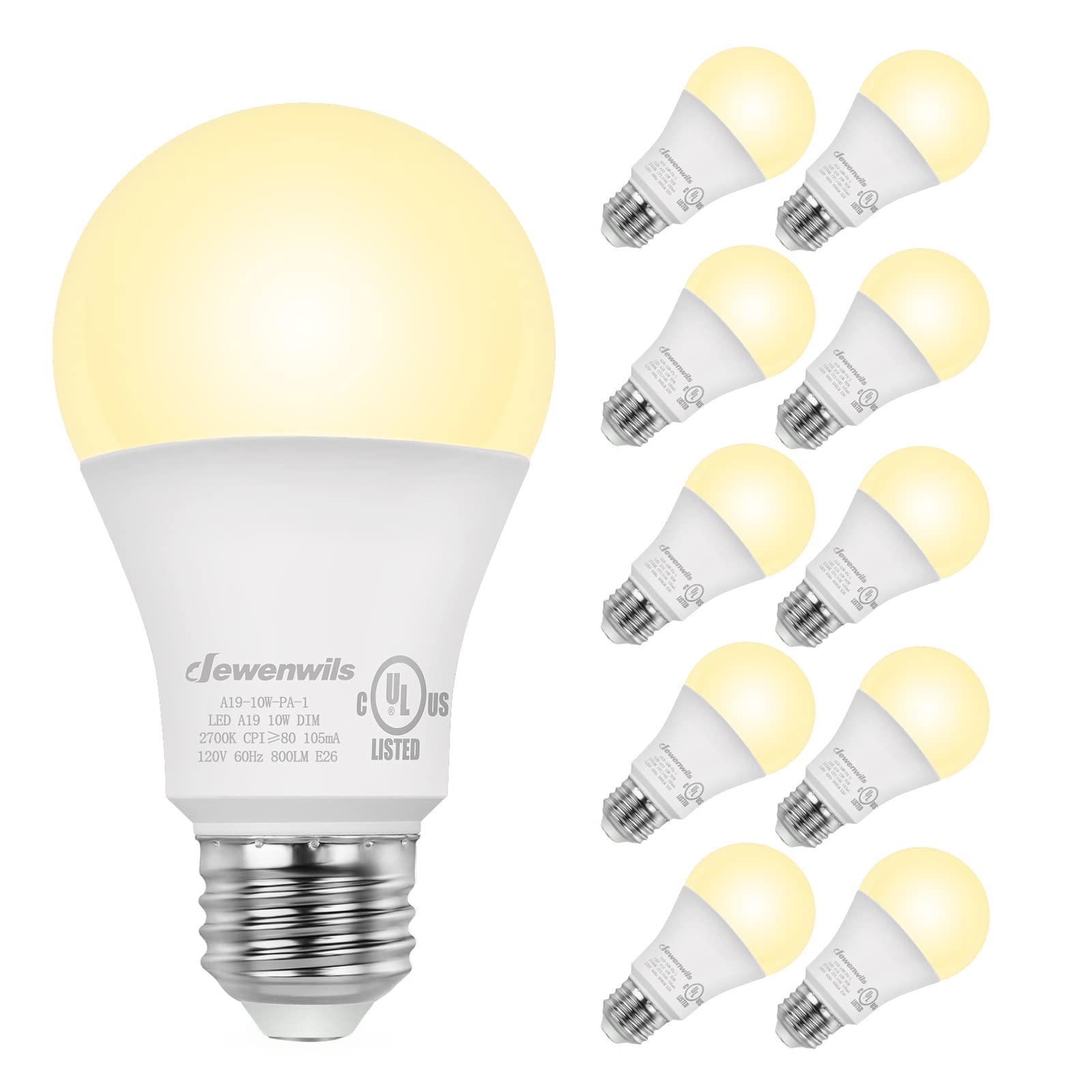Dewenwils 10-Pack Dimmable Led A19 Light Bulb, Soft White Light With Warm Glow, 800 Lumen, 2700K, 10W (60 Watt Equivalent), E26