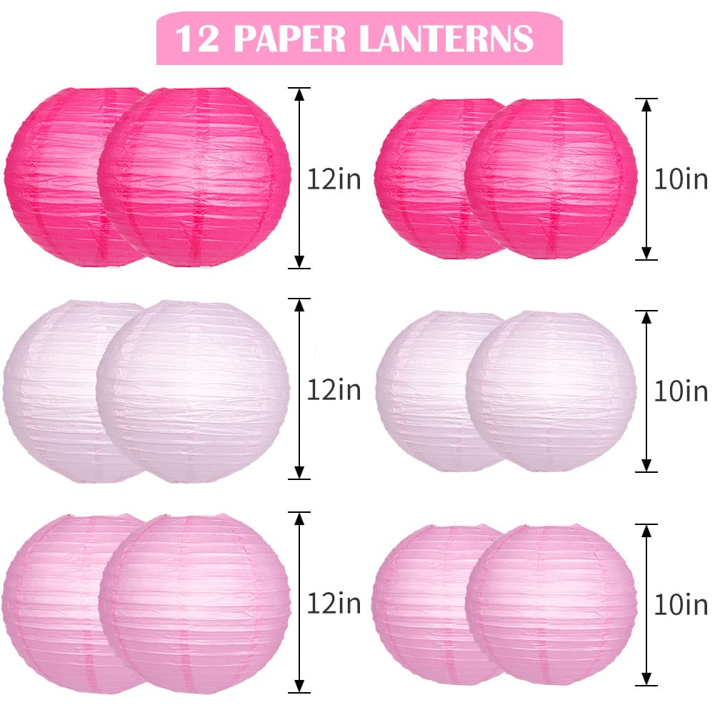 YUNXUAN Paper Lanterns, Pink Hanging Round Chinese Lanterns with 12 LED Lights, Model YX1034, Pack of 12
