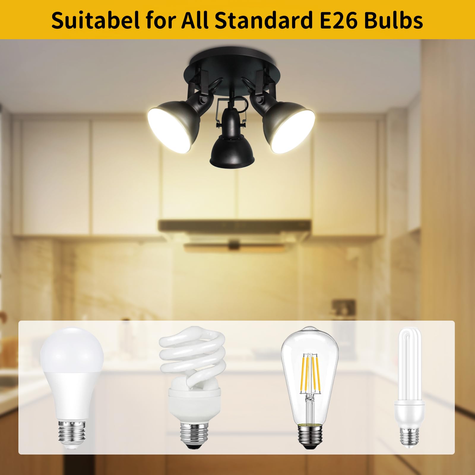 Hibay Led Ceiling Light Fixtures, 3-Lights Adjustable Spotlight, Industrial Track Lighting Fitting With Round Plate For Kitchen,