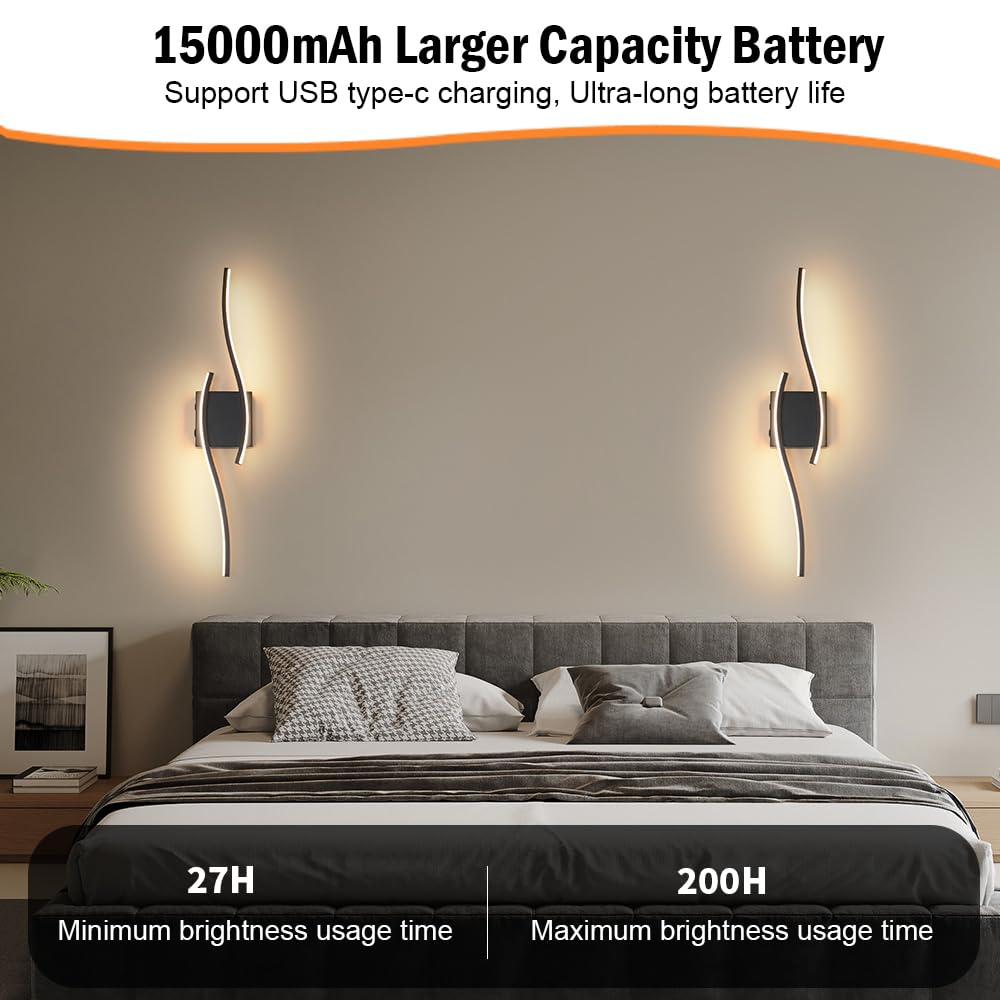 Daunton Modern Battery Operated Wall Sconce Set of 2, Black LED Light, Dimmable, 27.5in, Remote Control, Timer & Memory Function