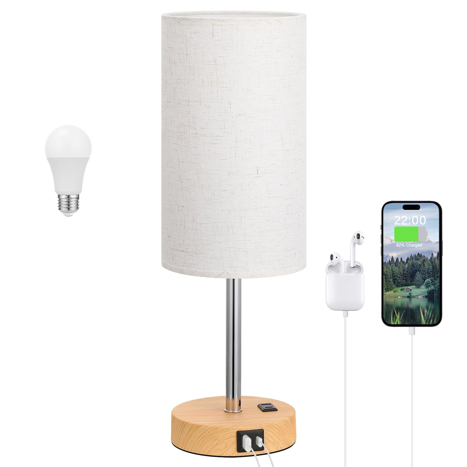 Touch Bedside Table Lamp With Usb - 3 Way Dimmable Wood Lamp For Bedroom Nightstand, Desk Lamp With Charging Station For Dorm, O