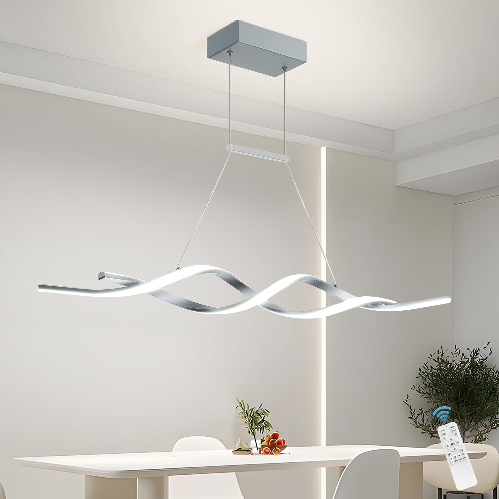 Jaycomey Modern LED Pendant Chandelier, Dimmable, 28W, Acrylic/Aluminum, 3000-6000K, Model 19009-100-GWJ, Grey