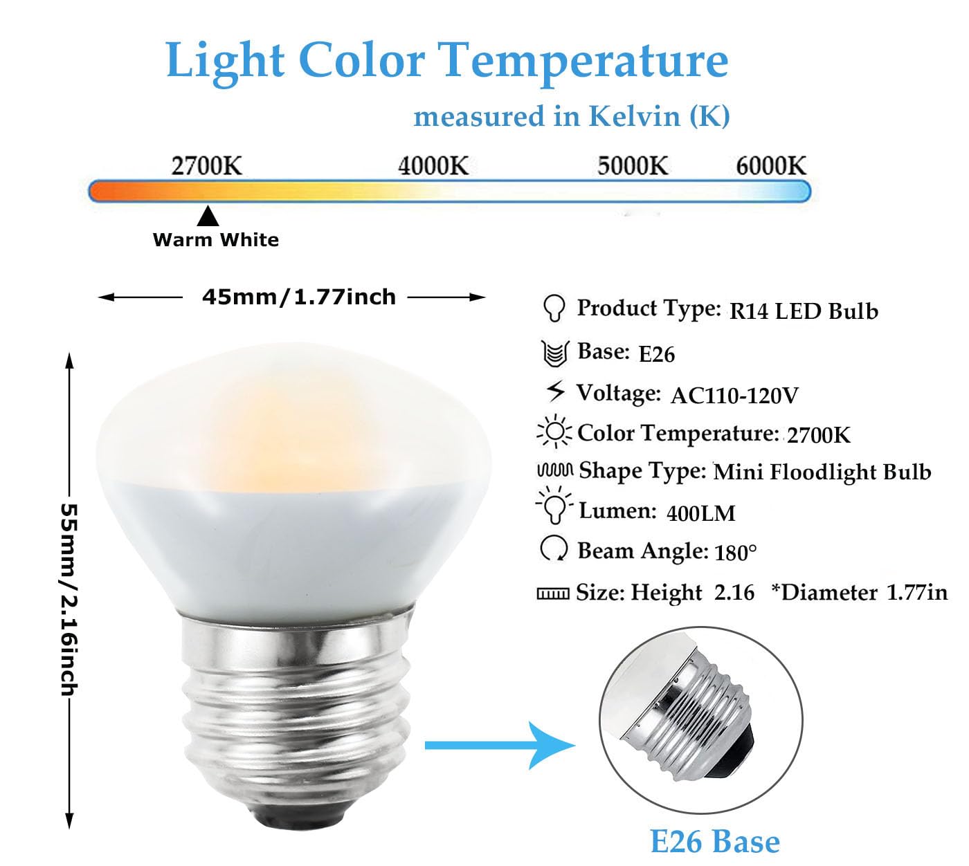 Greeogin R14 Led Bulb Mini Reflector Flood Light Bulbs 4W(40W Equivalent) 2700K Warm White, Curio Cabinet Light Bulb, Non-Dimmab