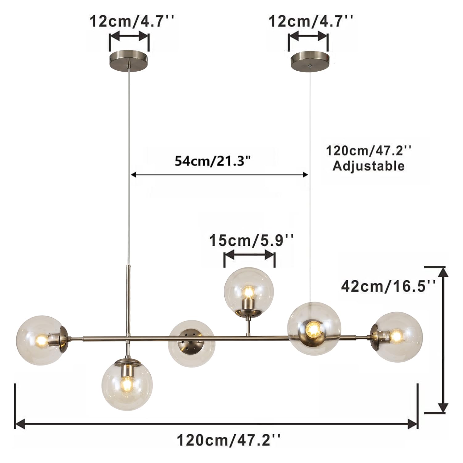 KCO Lighting Mid-Century Modern 6-Light Glass Globe Chandelier Brushed Nickel Silver+Amber