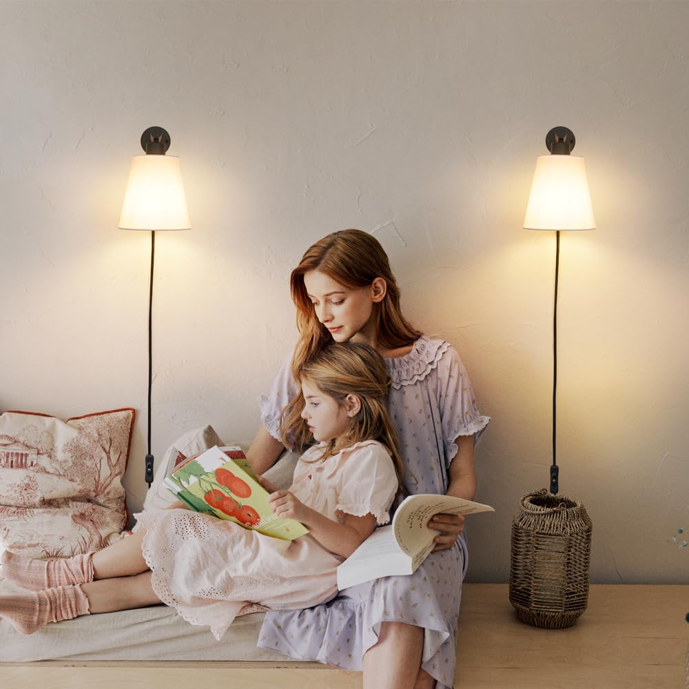 Oiyio Plug In Wall Sconces Set Of Two, Wall Lamp With Plug In Cord, Black Wall Sconce Light Plug In, Bedside Wall Mounted Light With Fabric Linen Shade, Plug In Wall Decor For Bedroom Living Room