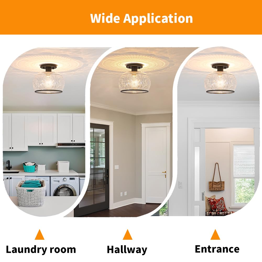 Oiyio Black Vintage Semi-Flush Mount Ceiling Light With Globe Glass. Ideal For Small Kitchen, Closet, Hallway, Entryway, And Bat