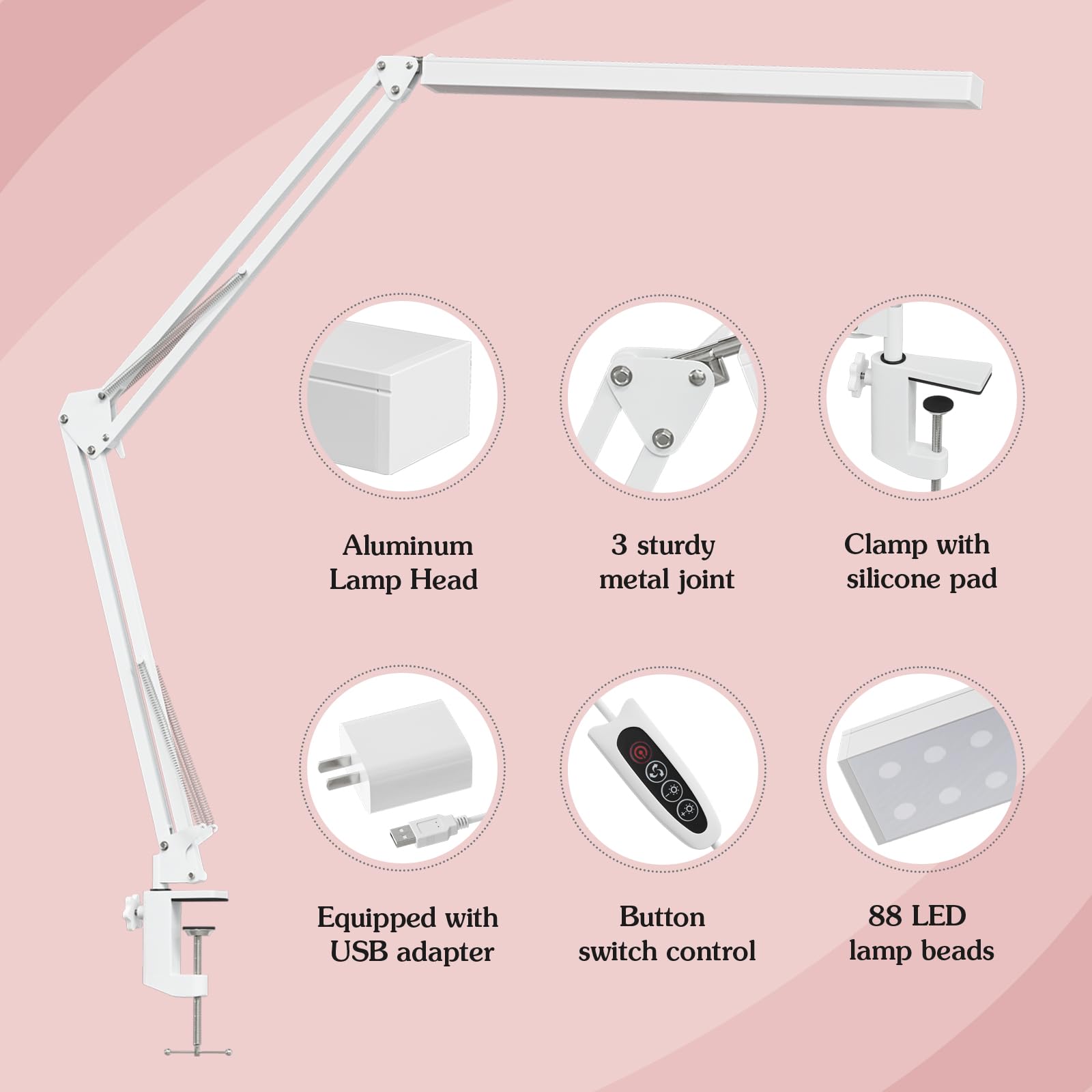 BZBRLZ LED Desk Lamp - Metal Swing Arm, Dimmable, 3 Color Modes, 10 Brightness Levels, White, Model QR-04