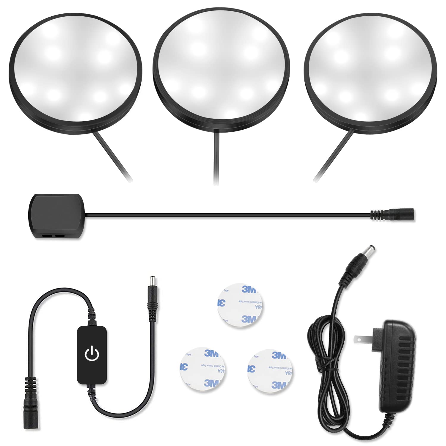 YGS-Tech LED Puck Light Kit, 1020 Lumens, 5000K Daylight White, Aluminum, 3 Pack, Black Trim
