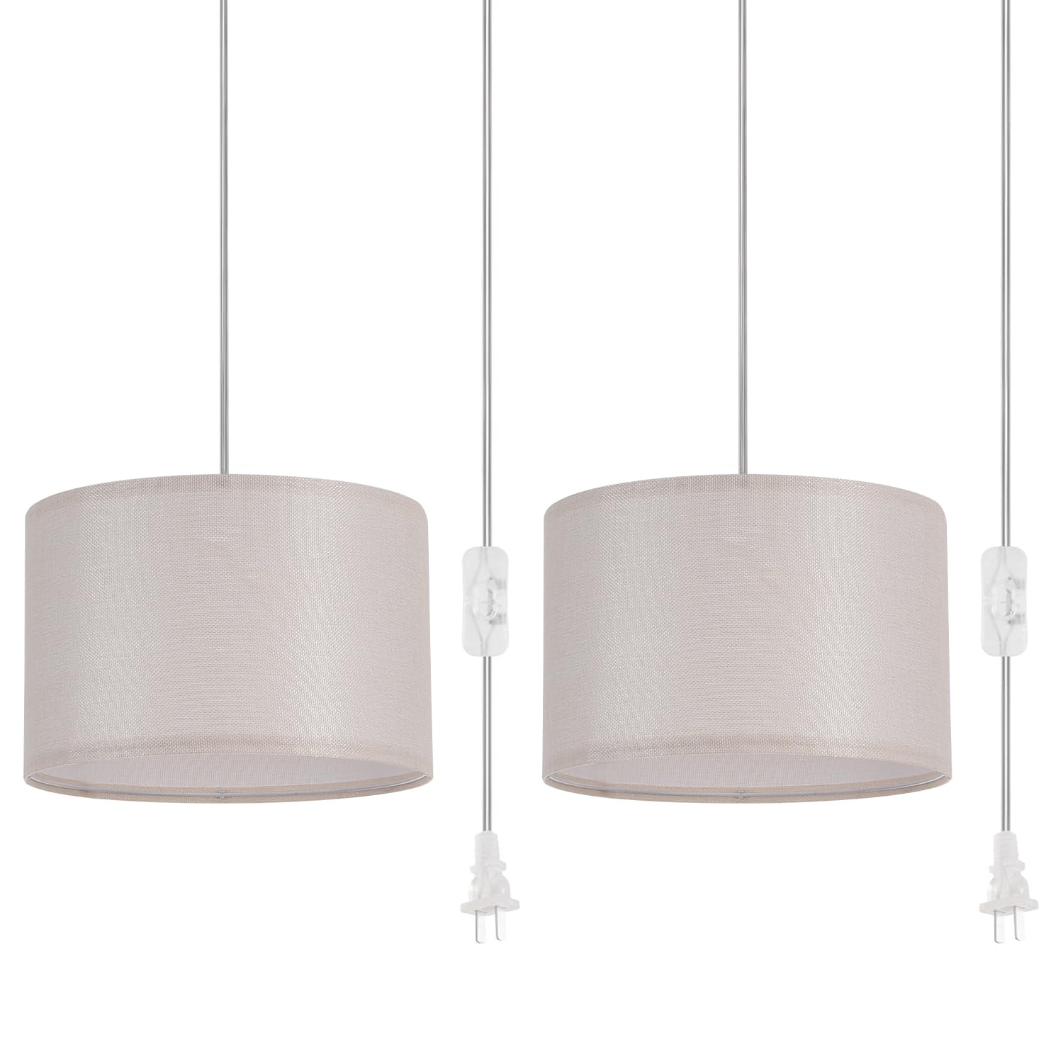 IHENGYANLT 2 Pack Plug-in Pendant Light, 15Ft Clear Cord, On/Off Switch, Beige Yellow Fabric Shade, Model P450