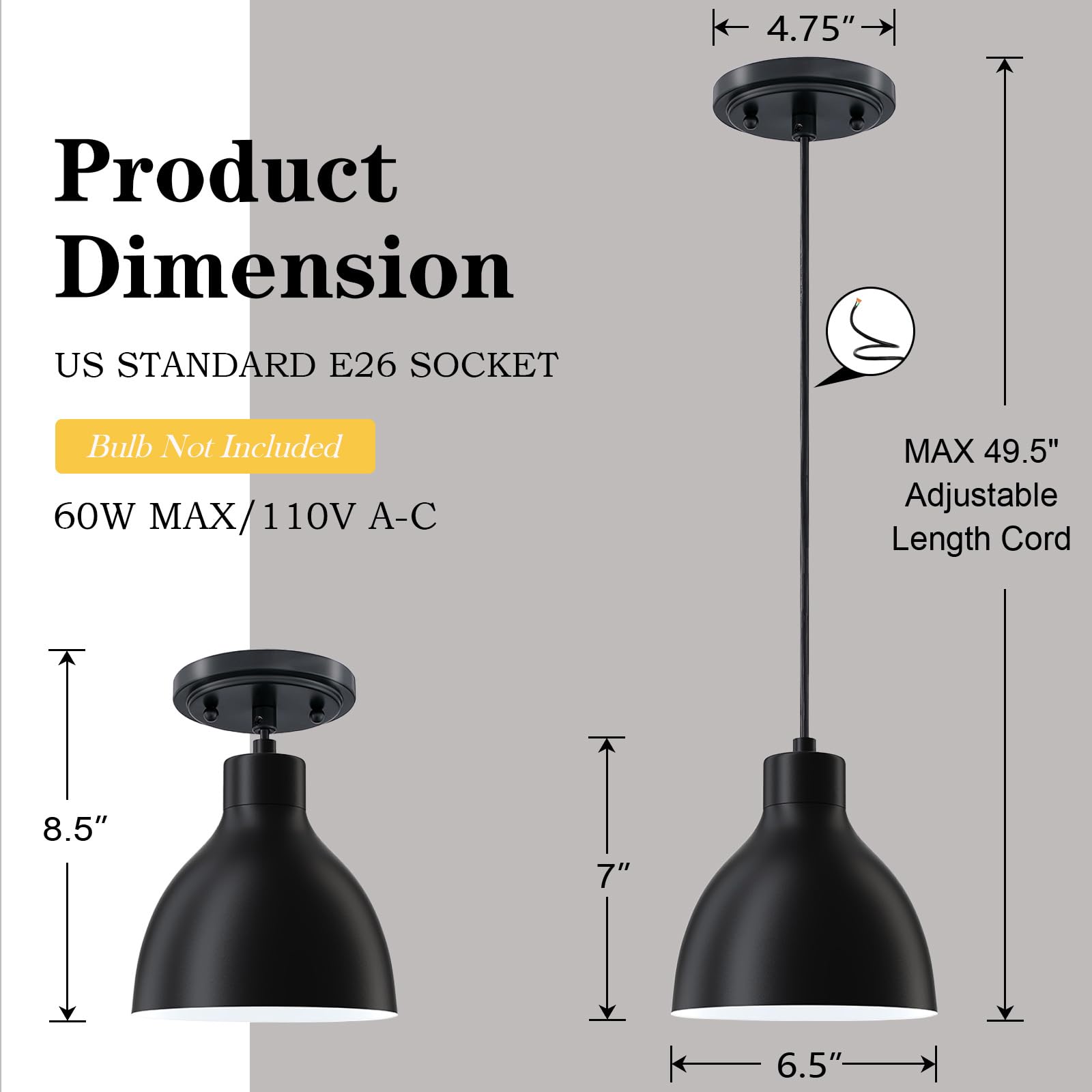 Doraimi Lighting 2 Pack Black Metal Drum Pendant Light For Kitchen, Bar, Dining Room, Entryway