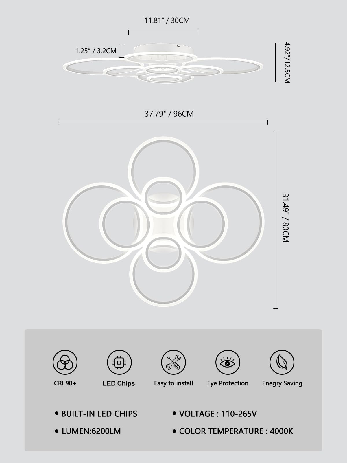 Teminbu Modern Led Ceiling Light, White 8 Rings Flush Mount Ceiling Light, 4000K Lighting Fixture Ceiling Lamp For Kitchen, Bedr