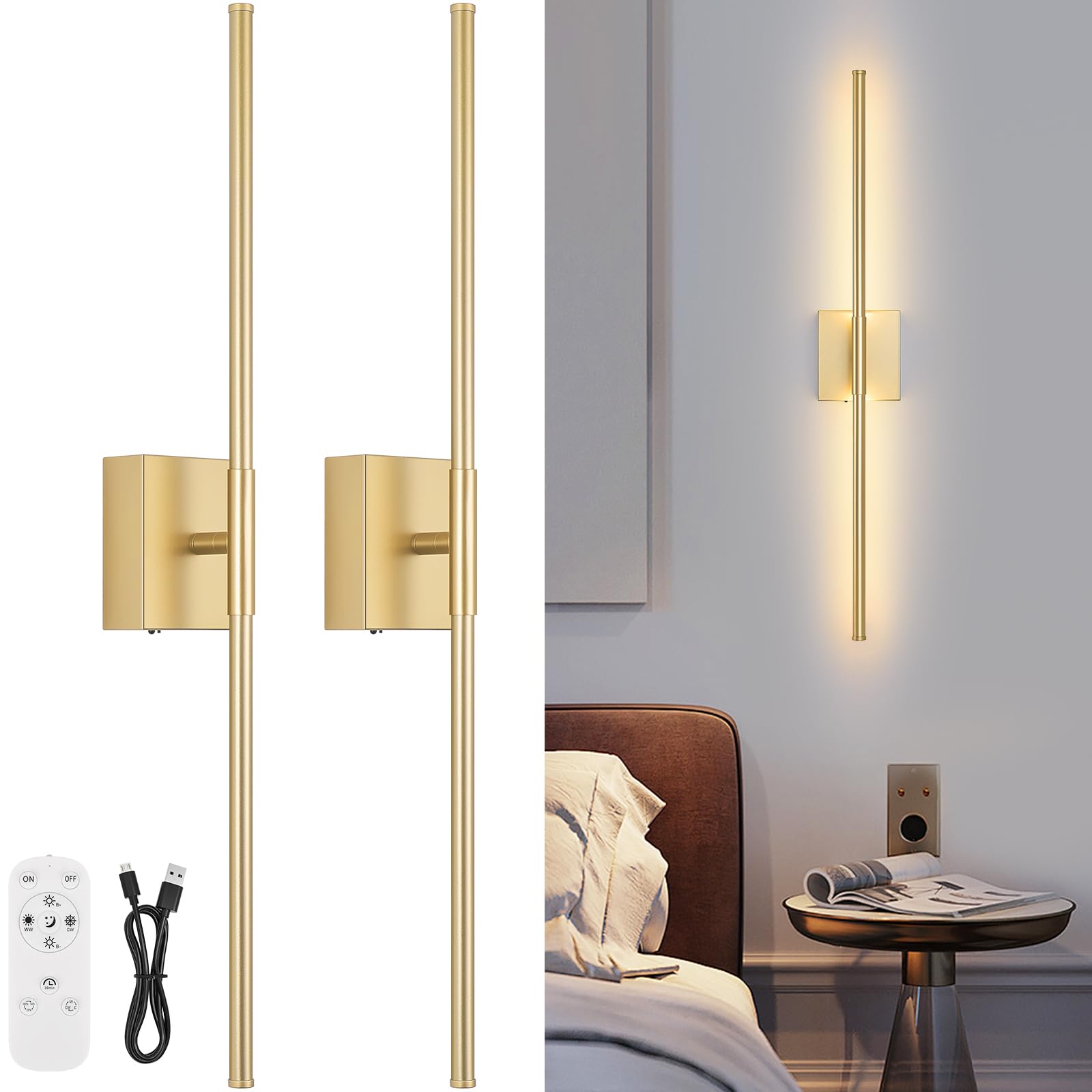 JZEKVN Battery Operated Wall Sconce Set of Two, Dimmable 3000K-6000K, 29.1in Gold, Remote Control, Metal, Model 202