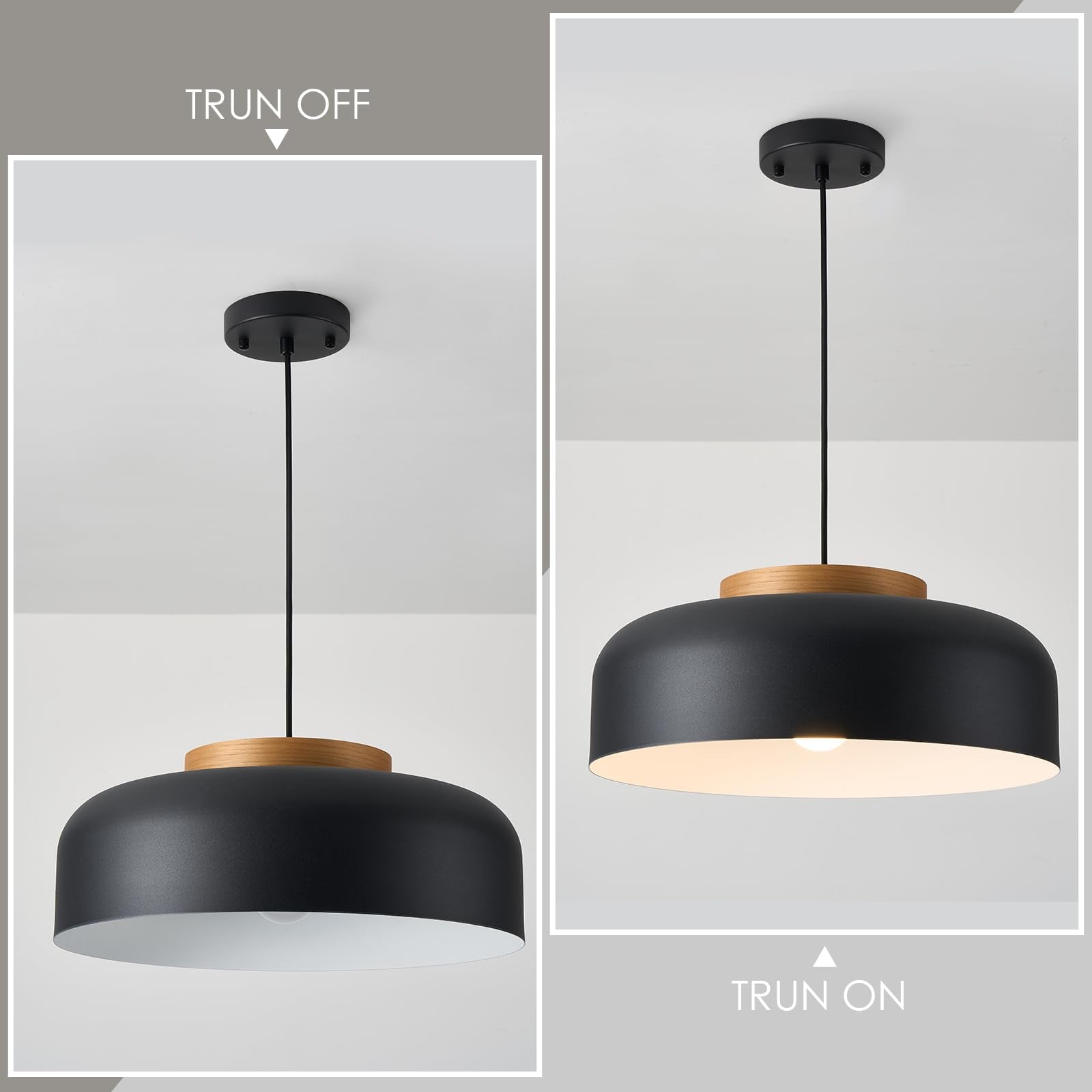 Modern Large Pendant Light Fixture  17.7 Inch Natural Wood Cap  Matte Black Finish  Simple Pendant Lighting For Kitchen Island  Dining Room  Table