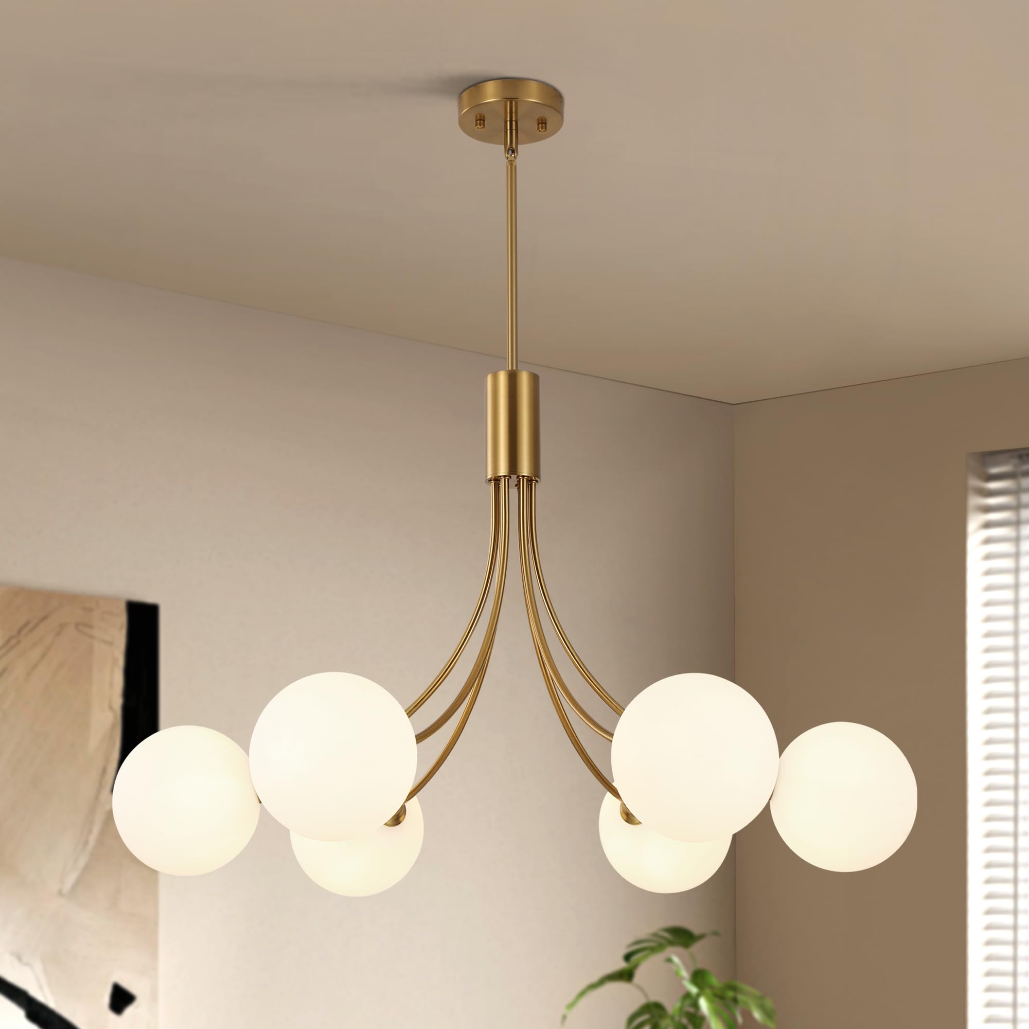 CNRATYE 6-Light Modern Farmhouse Gold Chandeliers for Dining Room Light Fixture  Mid Century Hanging Sputnik Chandelier for Living Room Kitchen Island Bedroom Foyer  Milk White Globe Glass Shade
