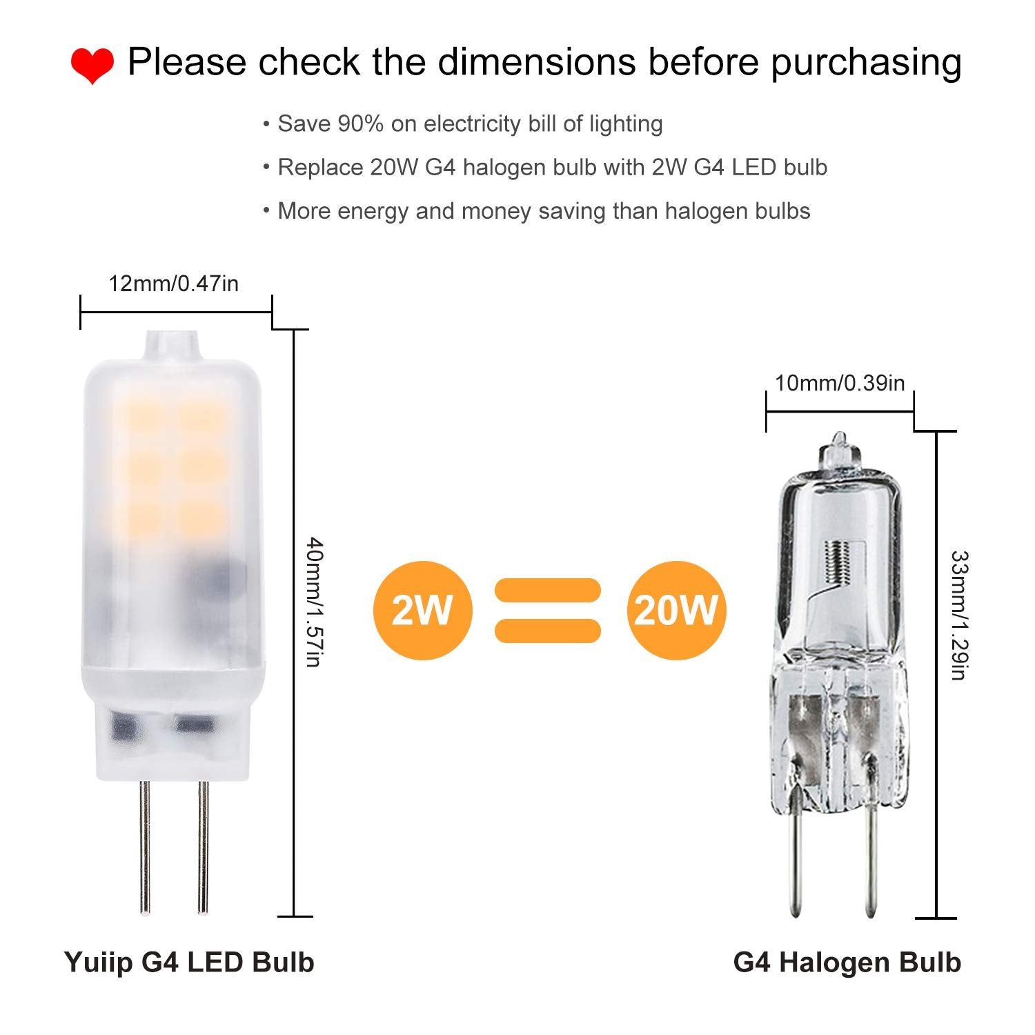 Yuiip G4 Led Bulb 2W Warm White 2700K Bi-Pin Base, 10 Pack, Non-D