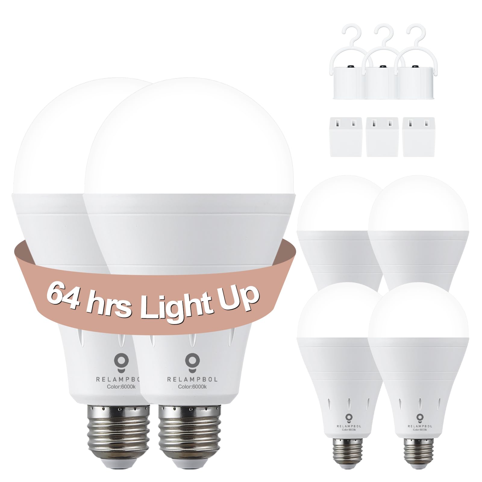 Relampbol 6 Pack Rechargeable Emergency Light Bulb Battery Operated Power Outage Light Led Dimmable Up To 24 Hours 6000K 9W 120V