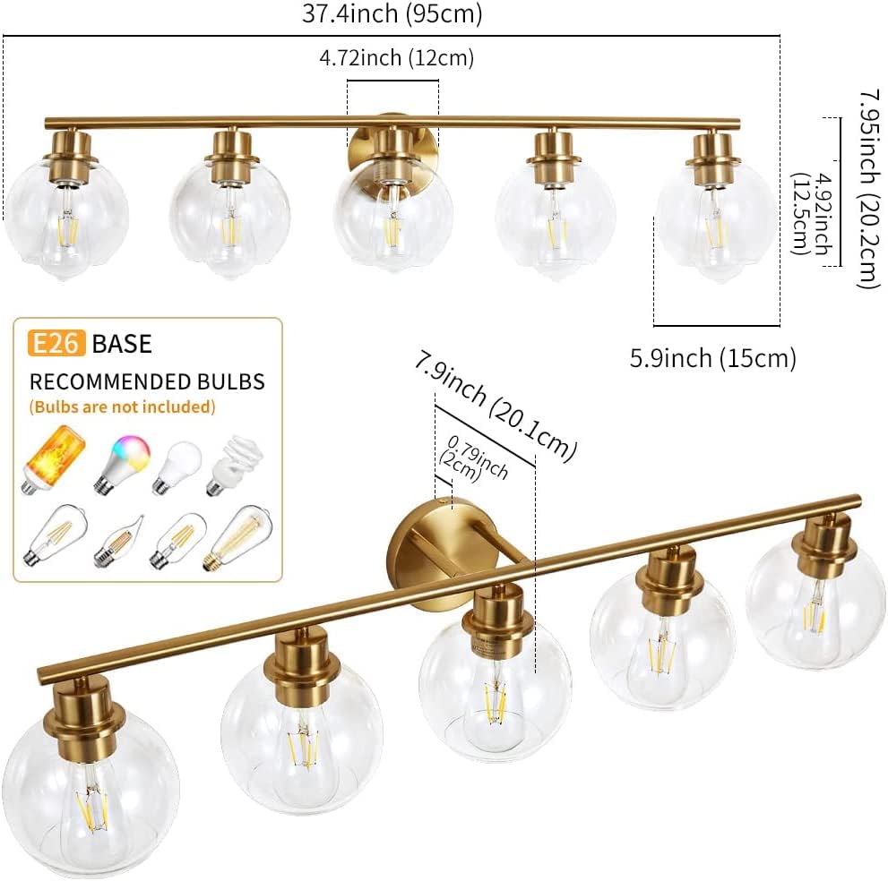 Lanmate Bathroom Light Fixtures Over Mirror 5-Lights Bathroom Vanity Light With Clear Glass Shade 37.5 Inch Modern Wall Sconce G