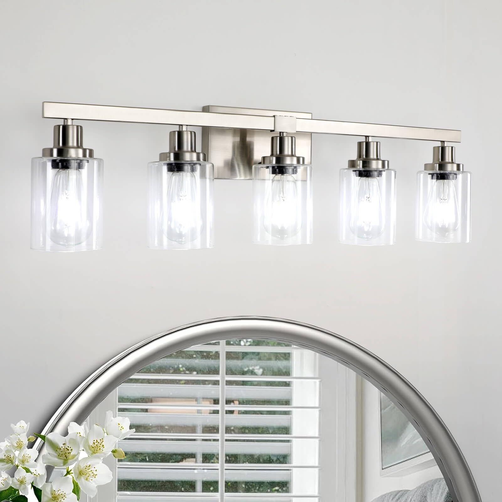 DIKAIDA Bathroom Vanity Light 5-Light Nickel Modern Sconce with Clear Glass Shade NS-5