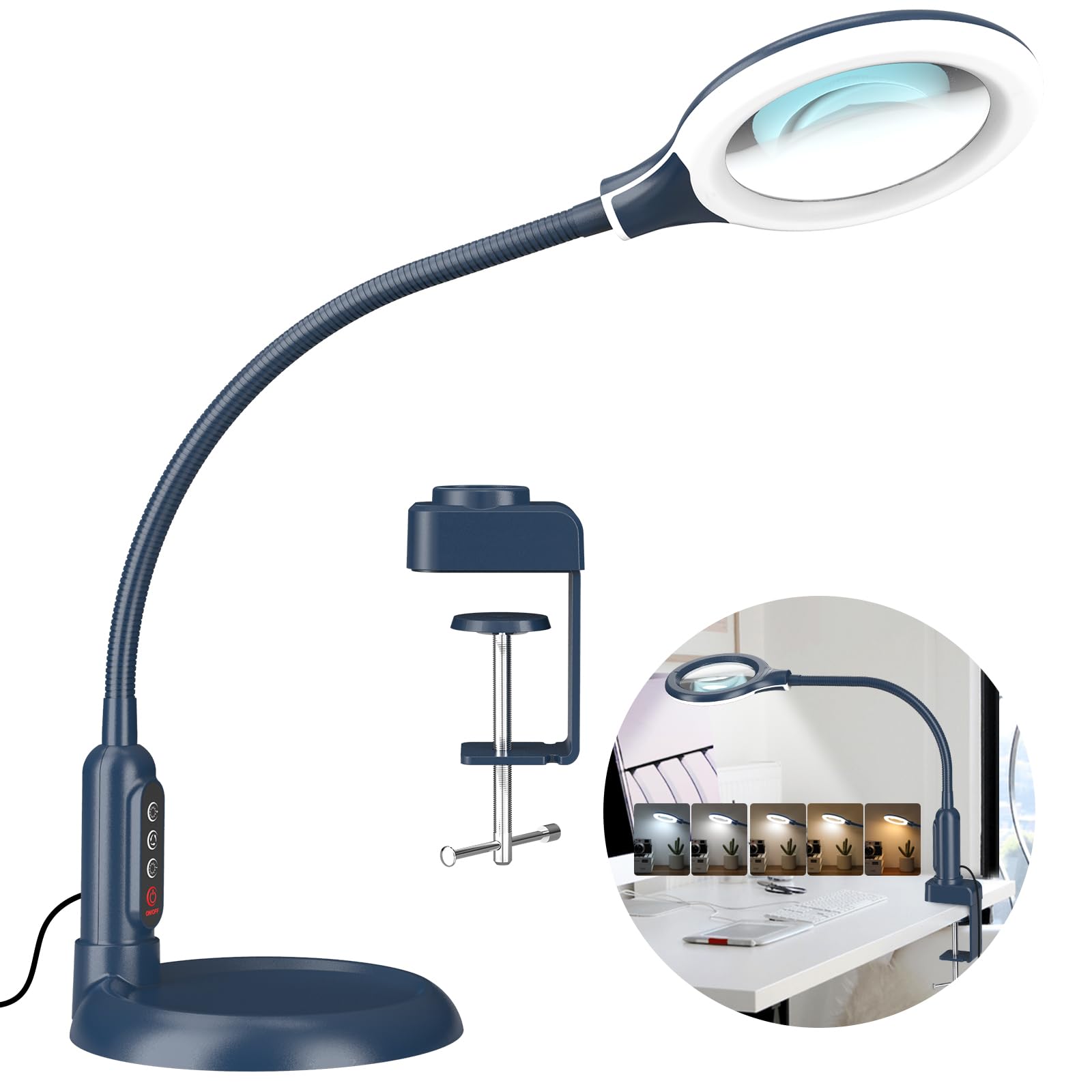 TOMSOO 10X Magnifying Glass with Light, Flexible Gooseneck, Aluminum, Blue, Model LBKB41HTM
