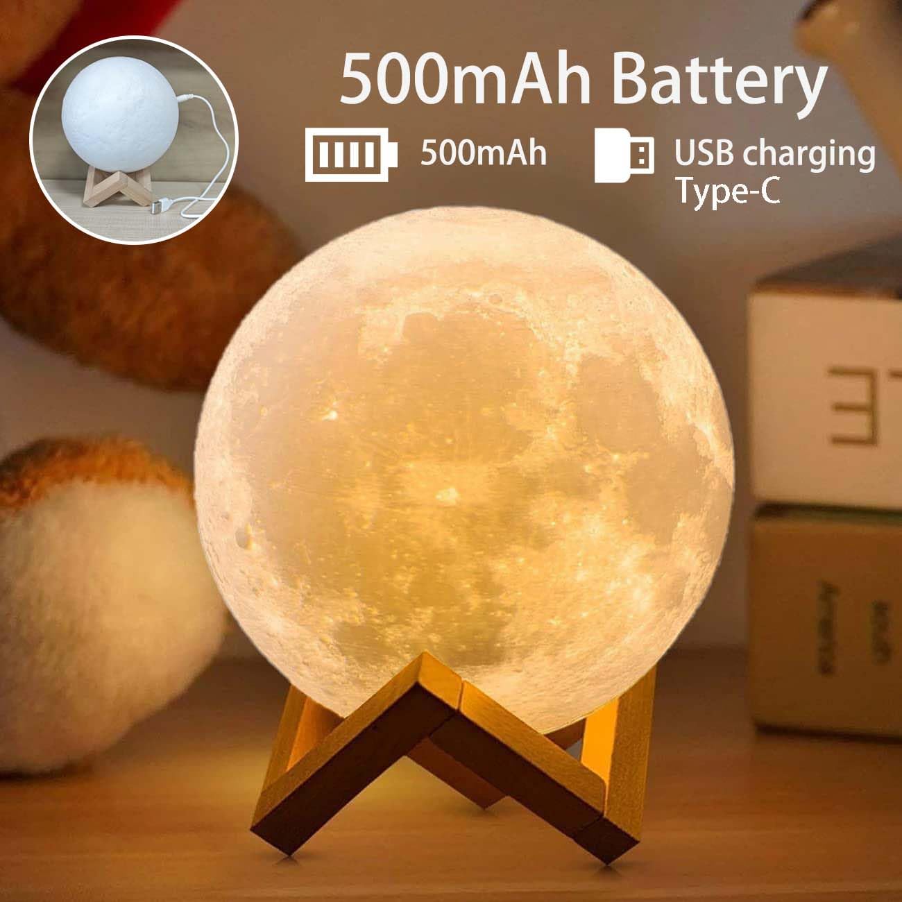 CPLA 3D Printing Moon Lamp Night Light, 6 inch, Multicolor, Model LX-YQL1216, Wooden Stand, Remote/Touch Control