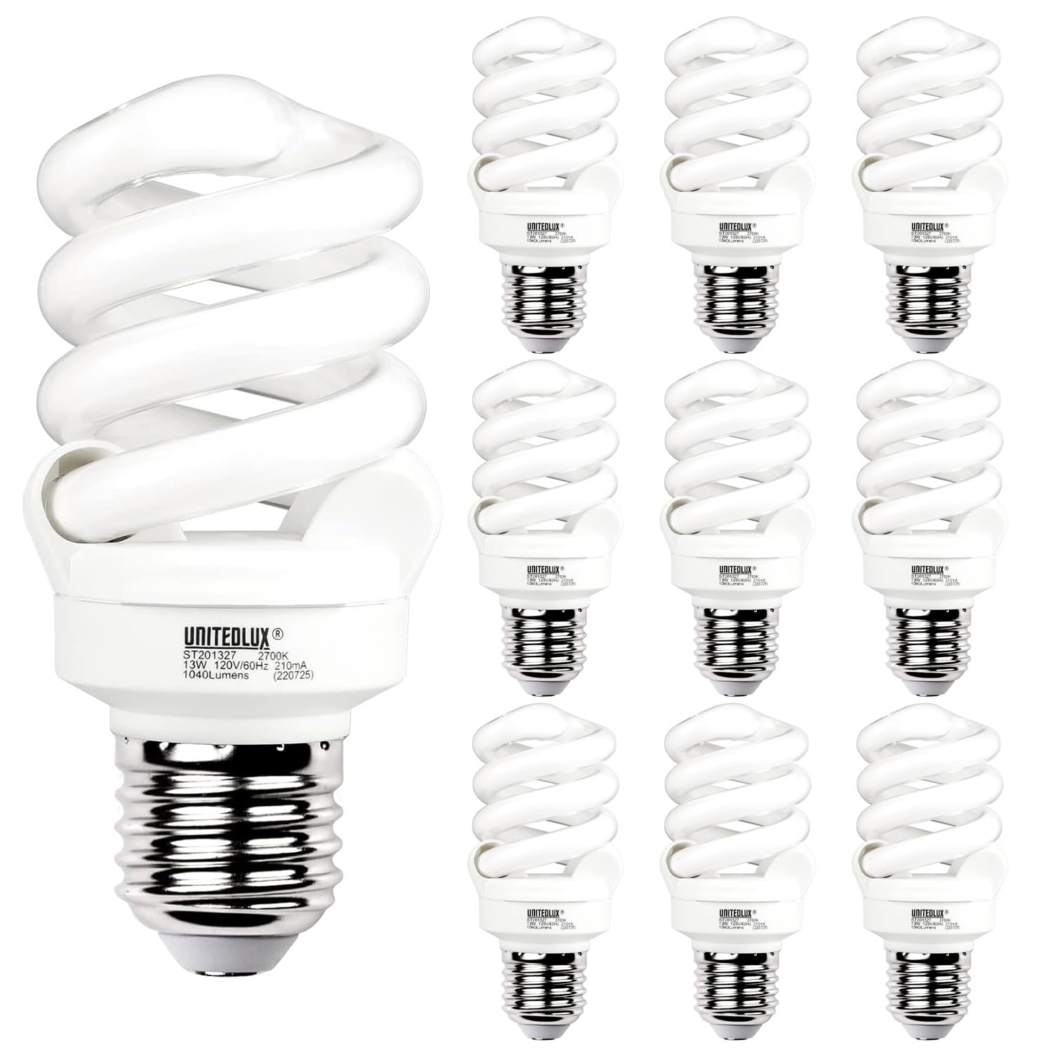 HGE E26 Spiral CFL Light Bulbs 13W (60W Equivalent) Soft White 2700K 1040Lm ETL Listed, Medium Base, 10-Pack