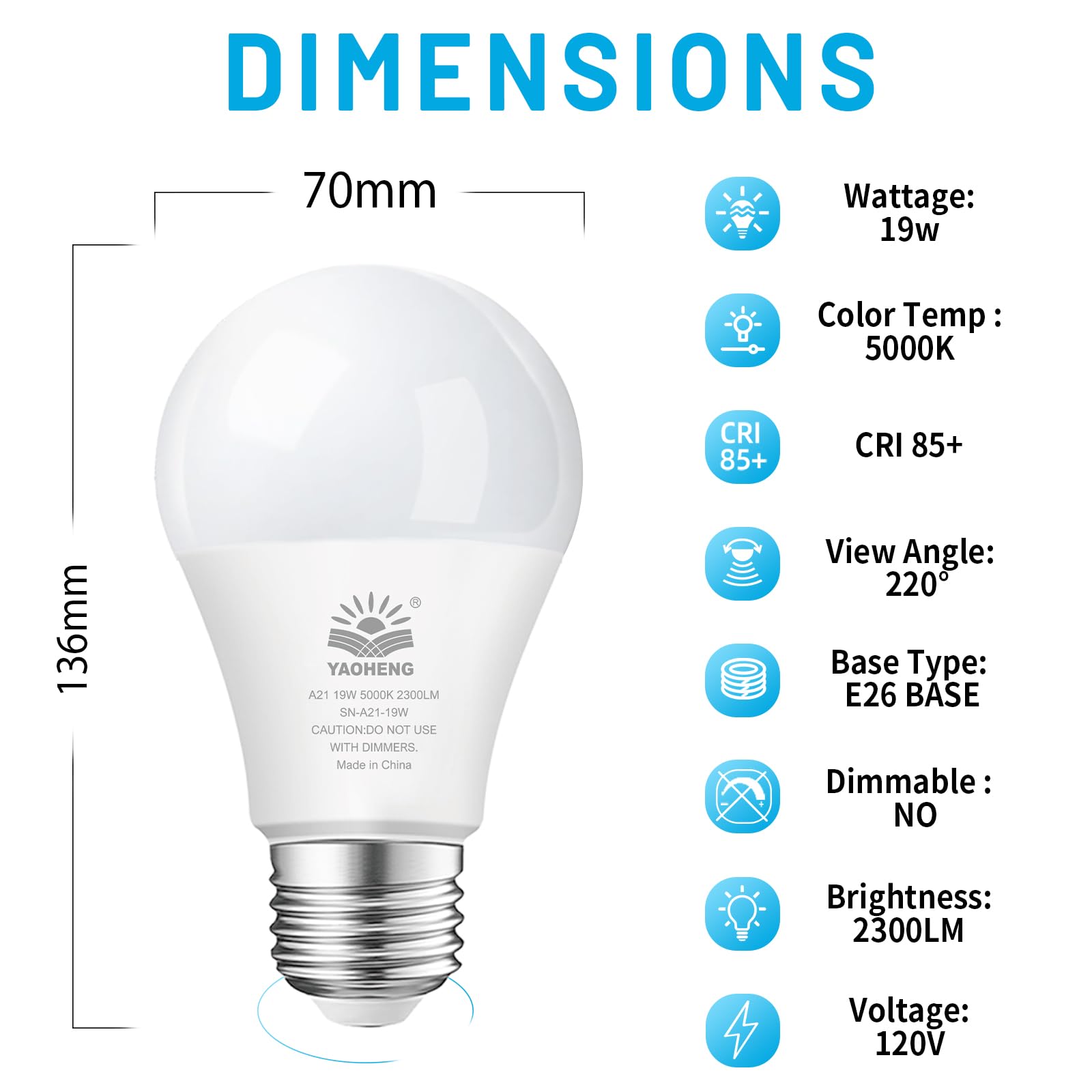 Yaoheng A21 Led Light Bulb, 150 Watt Equivalent Led Bulbs, 19W 5000K Daylight, 2300 Lumens, Non-Dimmable, E26 Base, Super Bright