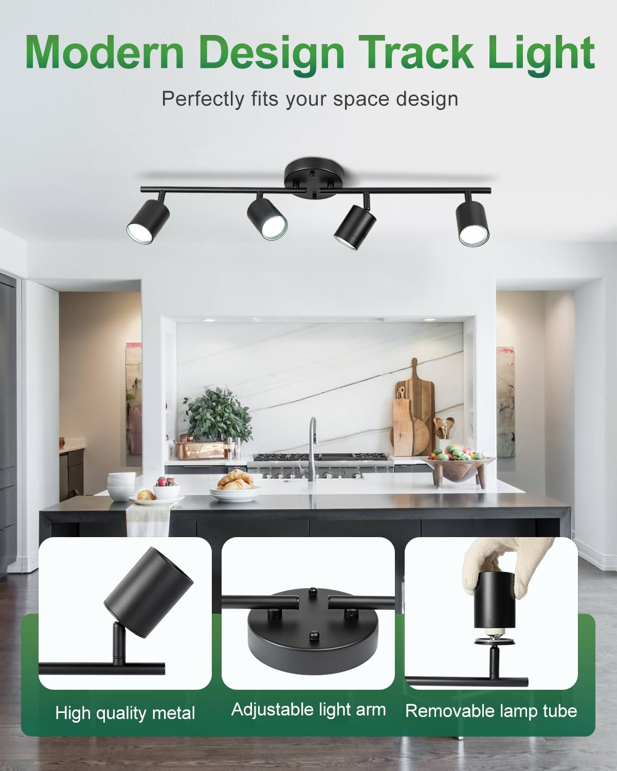 Fondiiz 4 Ways Track Lighting  Rotatable Heads Tracks Light  Track Lightings Fixtures Ceiling With Foldable Arms  Modern Black Tracks Light For Kitchen  Living Room  Hallway(Bulbs Not Included)