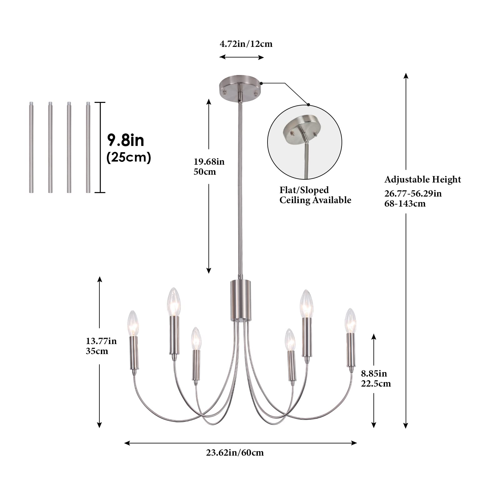 Modern Chandeliers For Dining Room, 6-Lights Vintage Farmhouse Chandeliers, Large Brushed Nickel Hanging Light Fixture For Dinin