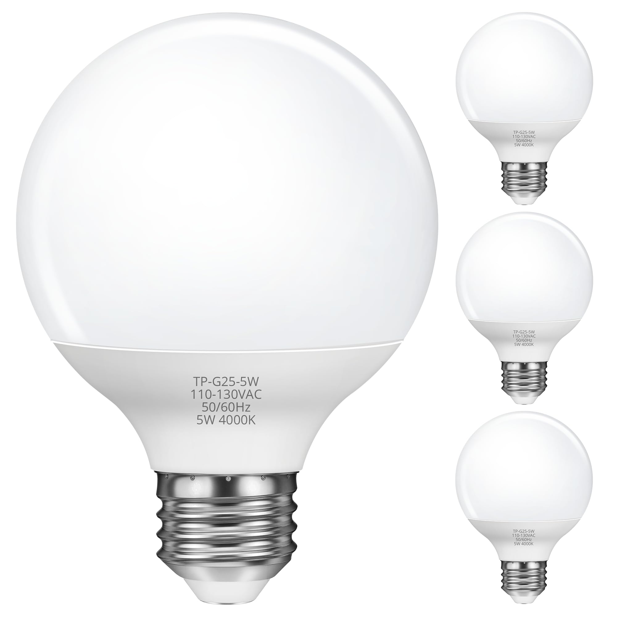 MAXvolador G25 LED Globe Light Bulbs 60W Equivalent  Neutral White 4000K Bathroom Vanity Round Bulb  500LM E26 LED for Makeup Mirror  Non-Dimmable 4 Pack